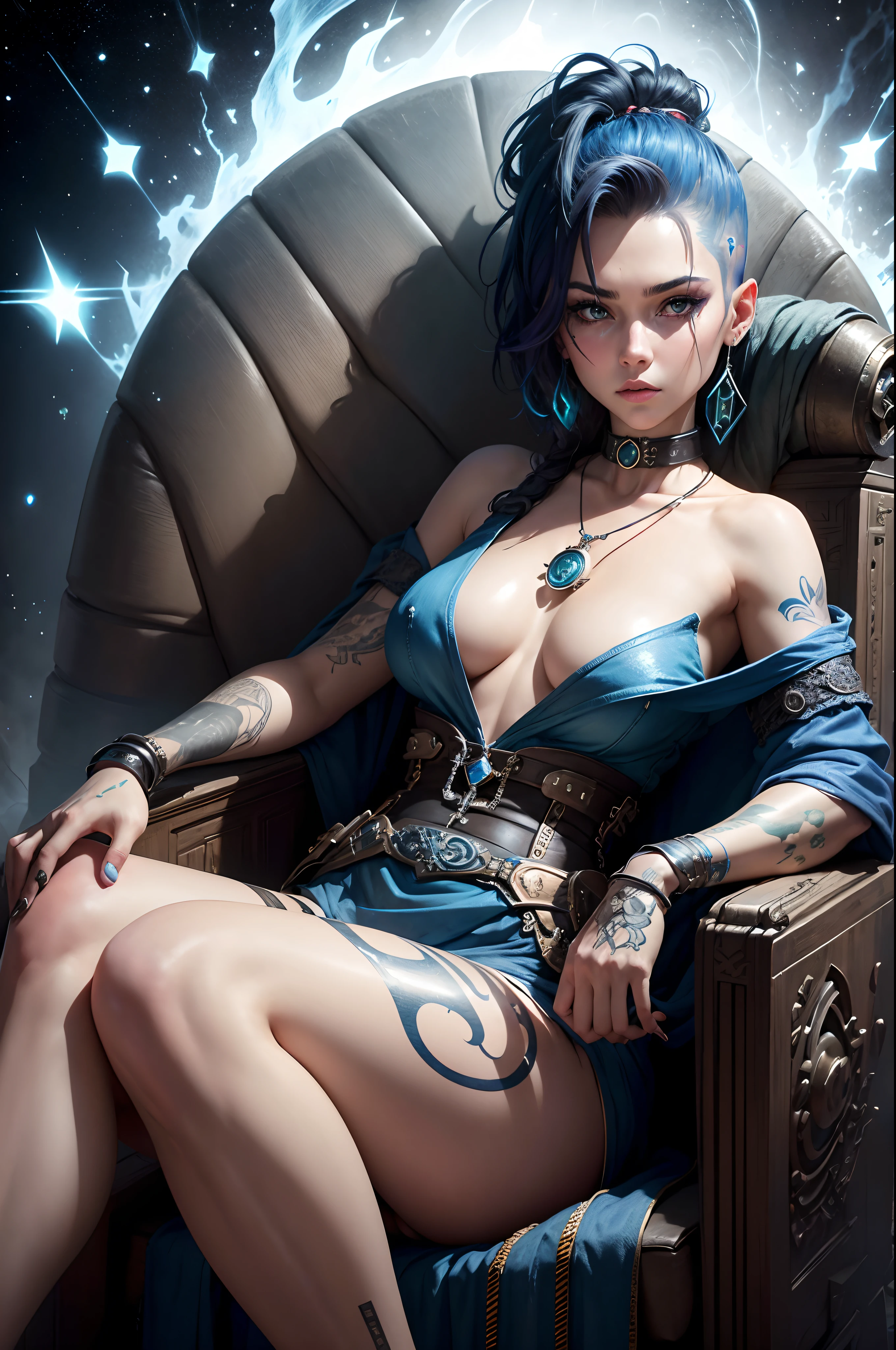 Photograph, a fierce young woman in her late forties on a throne looking directly at the camera, sporting a rebellious undercut hairstyle with streaks of electric blue. Naked, , , Her eyes are a piercing green that seems to question the status quo with every glance. Tattoos of cryptic symbols and constellations snake up her forearms, gear that serves her well whether she's navigating a dystopian wasteland or an enchanted forest. Around her neck, she wears a pendant of a half of a broken gear