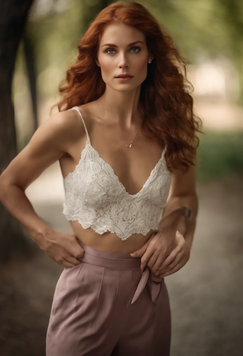 Jogging en tenue de sport, Filmmaker, jeune femme, oval jaw, delicate features, beau visage, loose hair, Detailed royal red hair, frange longue, Brilliant violet eyes perfectly detailed, Definition of large eyes, sein minuscule, defined, chemise avec bretelles, Pronounced neckline, Realistic photo full white skin, pores visibles, photo realist, Detailed visible veins, Detailed moles, visible skin folds, The Marquis, Maigre, Morceaux, Plan complet, Detailed earrings, Filmmaker, focused,