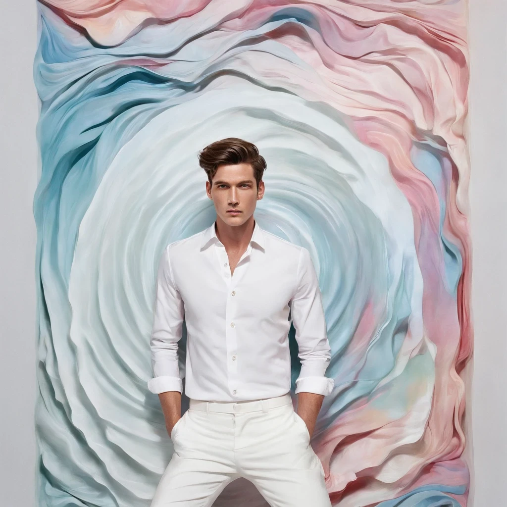 A Photograph capturing a surrealist vision: a man, amidst a swirling color palette, poses outside a tailor shop, his pristine white dress shirt melding with the dreamlike surroundings. --ar 16:9