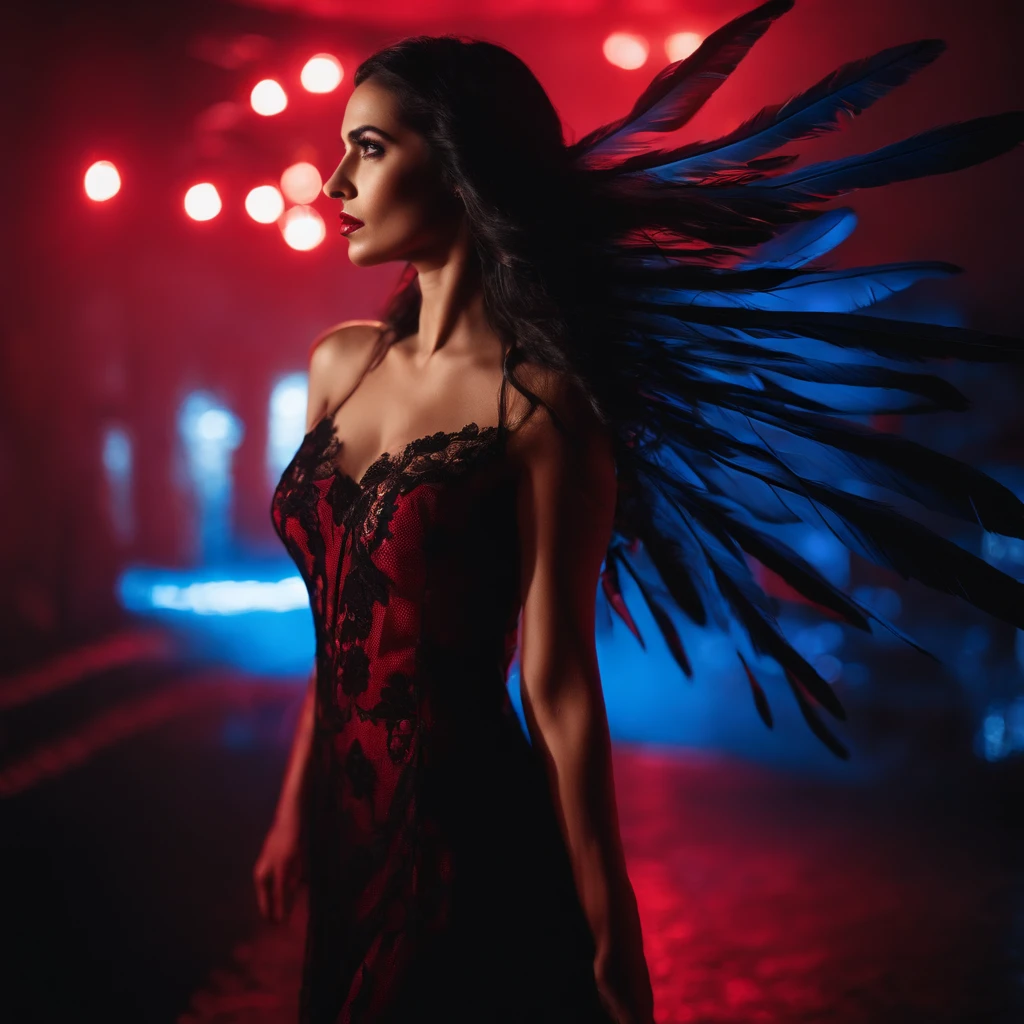 back of a beautiful woman with long black hair in a fashion photoshoot photographed from a low camera angle wearing a dress made from black feathers and lace, facing opposite side, dramatic portrait, dangerous, red traced neon background with blue laser light rays, high contrast and dynamic pose, movement, wet, energy, dramatic lighting, colorized, intense and vibrant colors of electrified neon red, blue —ar 9:16 —chaos 12 —s 1000 —v 5 —ar 9:16 —q 5