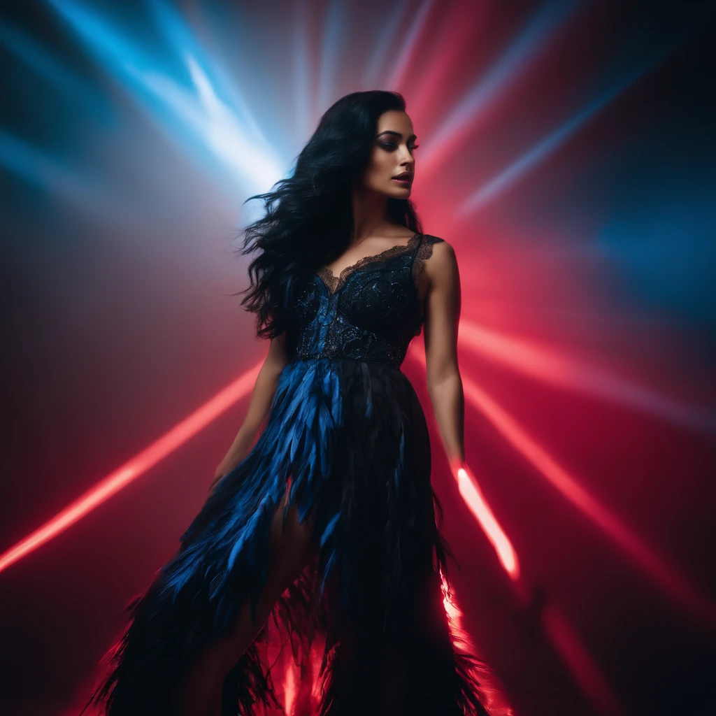back of a beautiful woman with long black hair in a fashion photoshoot photographed from a low camera angle wearing a dress made from black feathers and lace, facing opposite side, dramatic portrait, dangerous, red traced neon background with blue laser light rays, high contrast and dynamic pose, movement, wet, energy, dramatic lighting, colorized, intense and vibrant colors of electrified neon red, blue —ar 9:16 —chaos 12 —s 1000 —v 5 —ar 9:16 —q 5