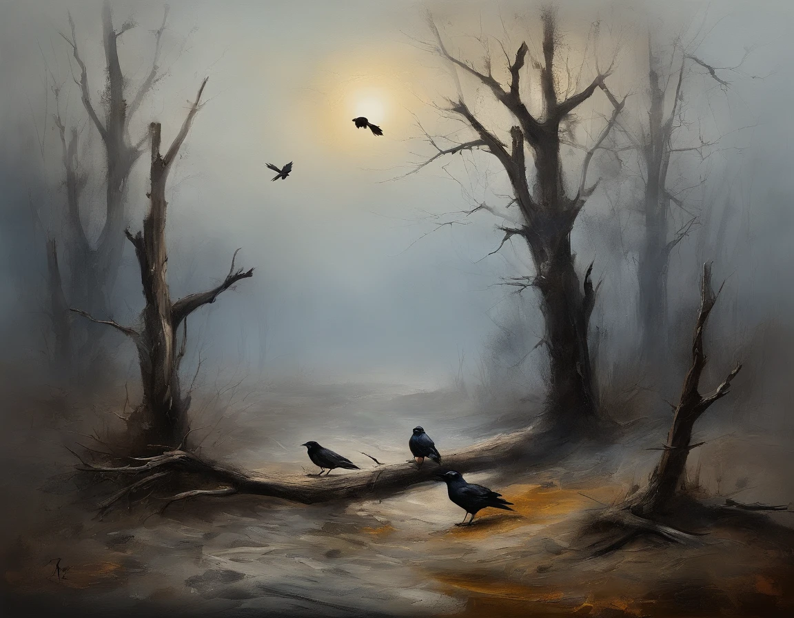 Two crows in a dead tree, Uma sombra em Forma de andador, Noite estrelada, Thick fog on the ground, Luz azul no horizonte, Motor Unreal 5, cinemactic, Low-angle photography, motion blur, proFundidade de campo, dust, Cobblestones and dirt. arte splash, pingando tinta. Perfect color classification. inFluenciado por karel Appel e jeremy mann, Full of dramatic and threatening scenes, hiper-detalhado, Beautiful, detalhes insanos, detalhes intrincados, FotograFia Editorial, FotograFado com uma lente de 50mm, proFundidade de campo, Tilt Blur, Velocidade do obturador 1/1000, F/22. Mapas de luz, super brilhante