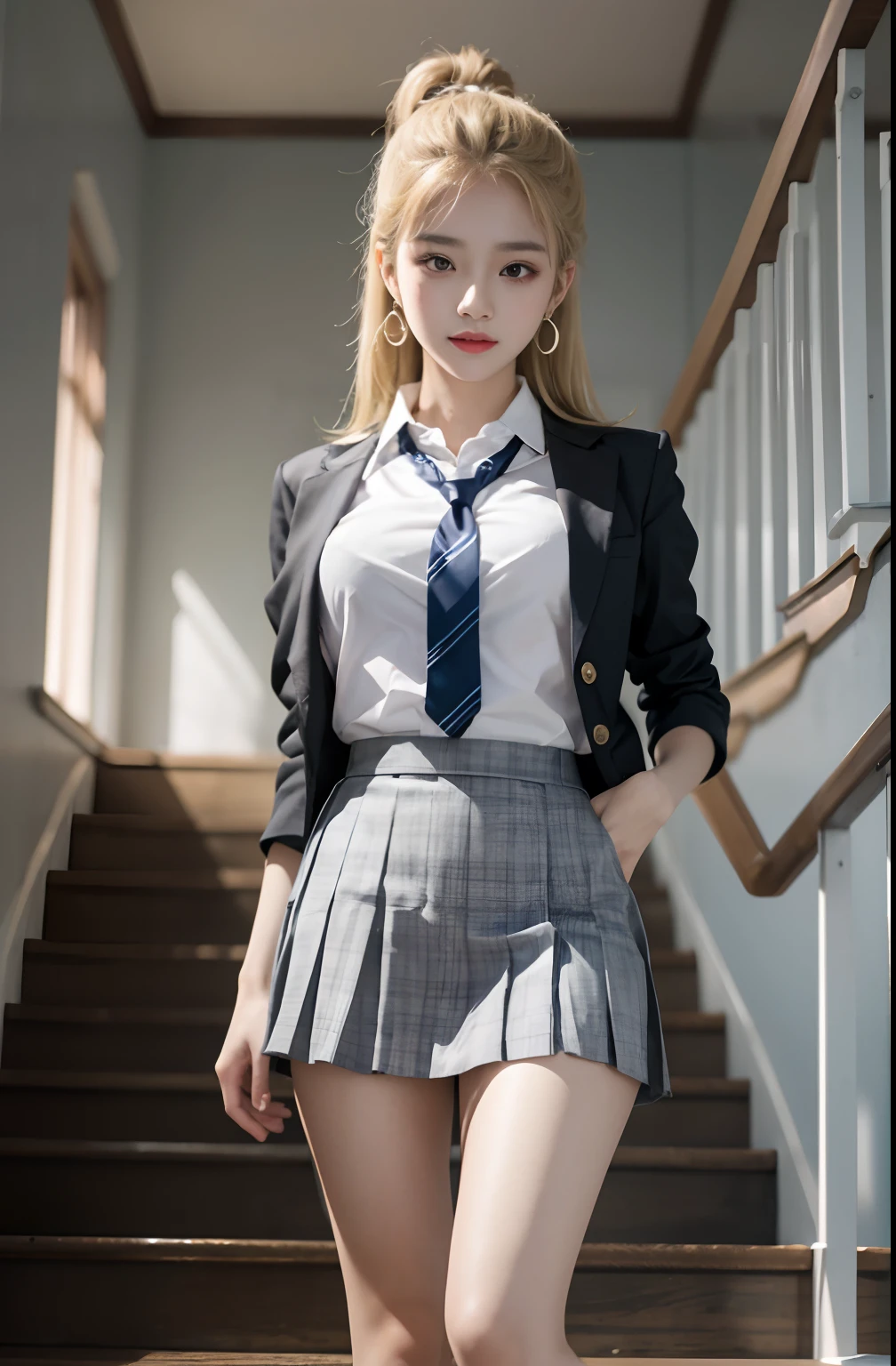 Gray eyes, Korean school uniform, summer school uniform shirt, ribbon tie, skirt, bright blonde, school stairs, going down school stairs, chest thrusting pose, chest bragging pose, 8k raw photo, high resolution, cool Korean at 16 years old, very big round breasts, beautiful eyes in detail, long eyelashes, beautiful double eyelids, eyeshadow, eyeliner, slender eyes, elongated eye shape, Sanpaku eyes, evil smile, evil look, beautiful very thin legs, beautiful very thin thighs, random medium hair, hair tied behind the head, earrings,