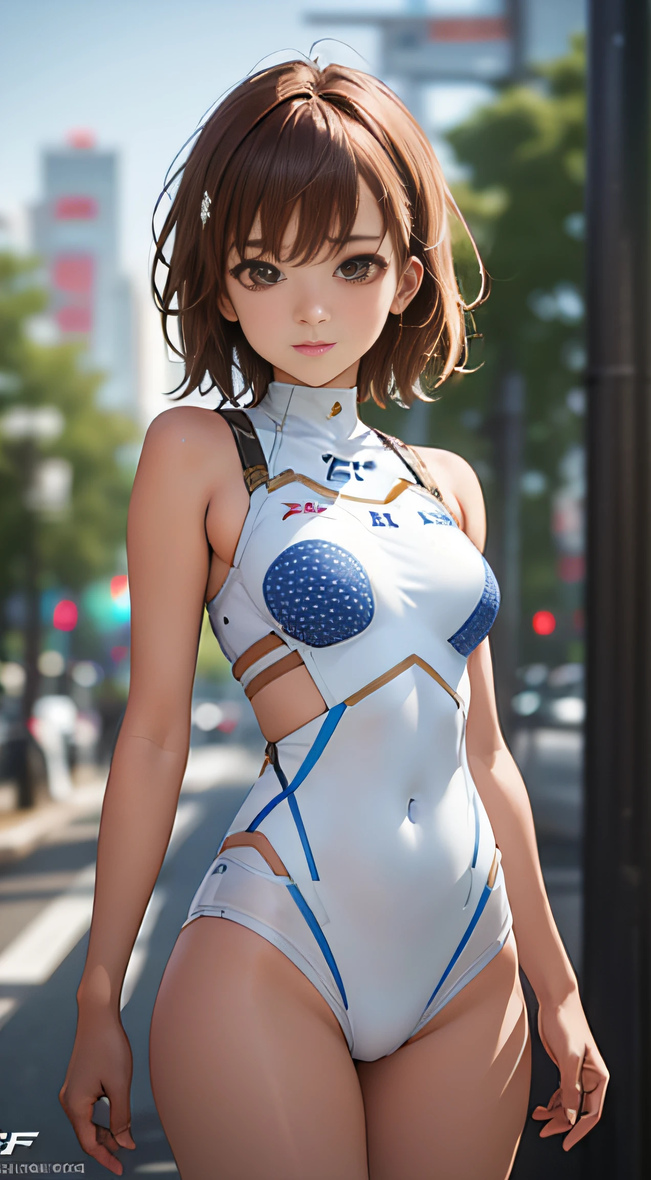 misaka mikoto, White combat suit with blue pattern, 1 girl, F/1.2, masutepiece, nffsw, Textured skin, high details, Best Quality