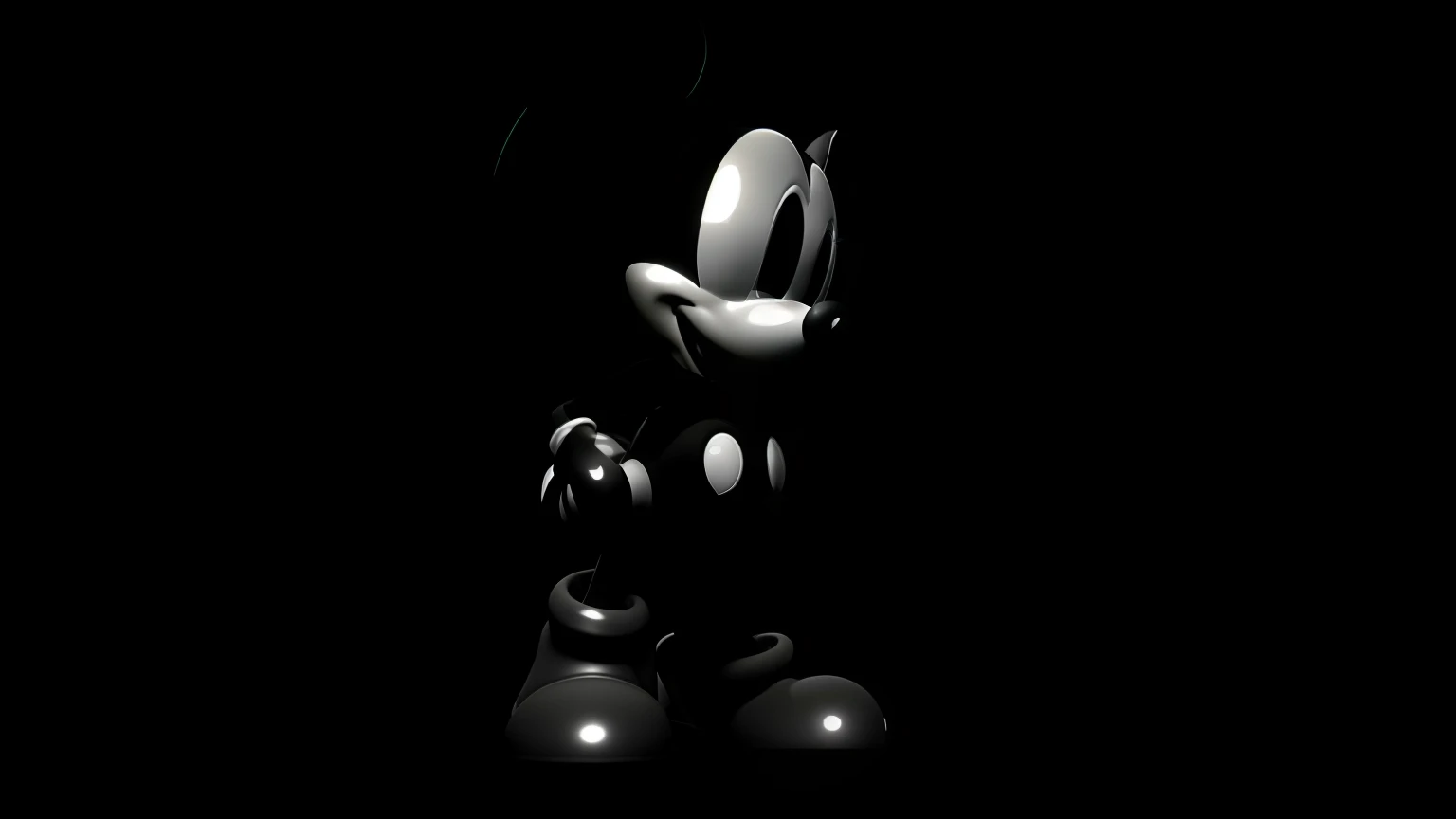 mickey mouse in the dark with a black background, rendered in sfm, raytraced render, a raytraced image, raytraced highlights, fully rendered light to shadow, mickey mouse, disney render, toon shading, high detail iconic character, nightmare render, clay render, sfm render, raytraced, monochrome 3 d model, ambient occlusion render, toon - shading