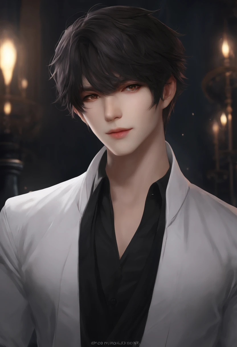 1boy, dark short hair, different color eyes, one demonic eye and one angelic eye, halo, one side horn, a task pointy tooth, 7 color spirits fly around the character, wears simple white shirt and simple black pants, wears a dark overcoat, holding a bo staff, 27-35 years old, facial hair, 8k, masterpiece, ultrasharp, high res, apocaliptic city,