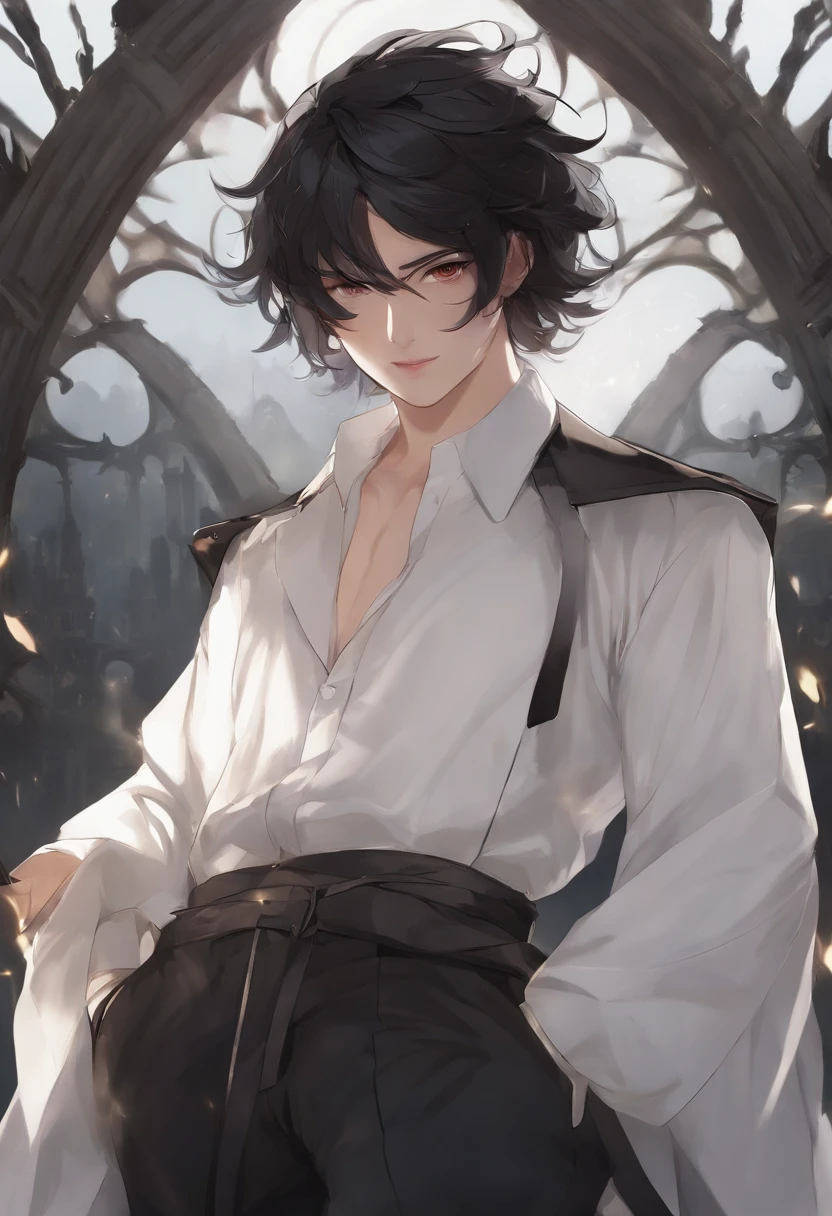 1boy, dark short hair, different color eyes, one demonic eye and one angelic eye, halo, one side horn, a task pointy tooth, 7 color spirits fly around the character, wears simple white shirt and simple black pants, wears a dark overcoat, holding a bo staff, 27-35 years old, facial hair, 8k, masterpiece, ultrasharp, high res, apocaliptic city,