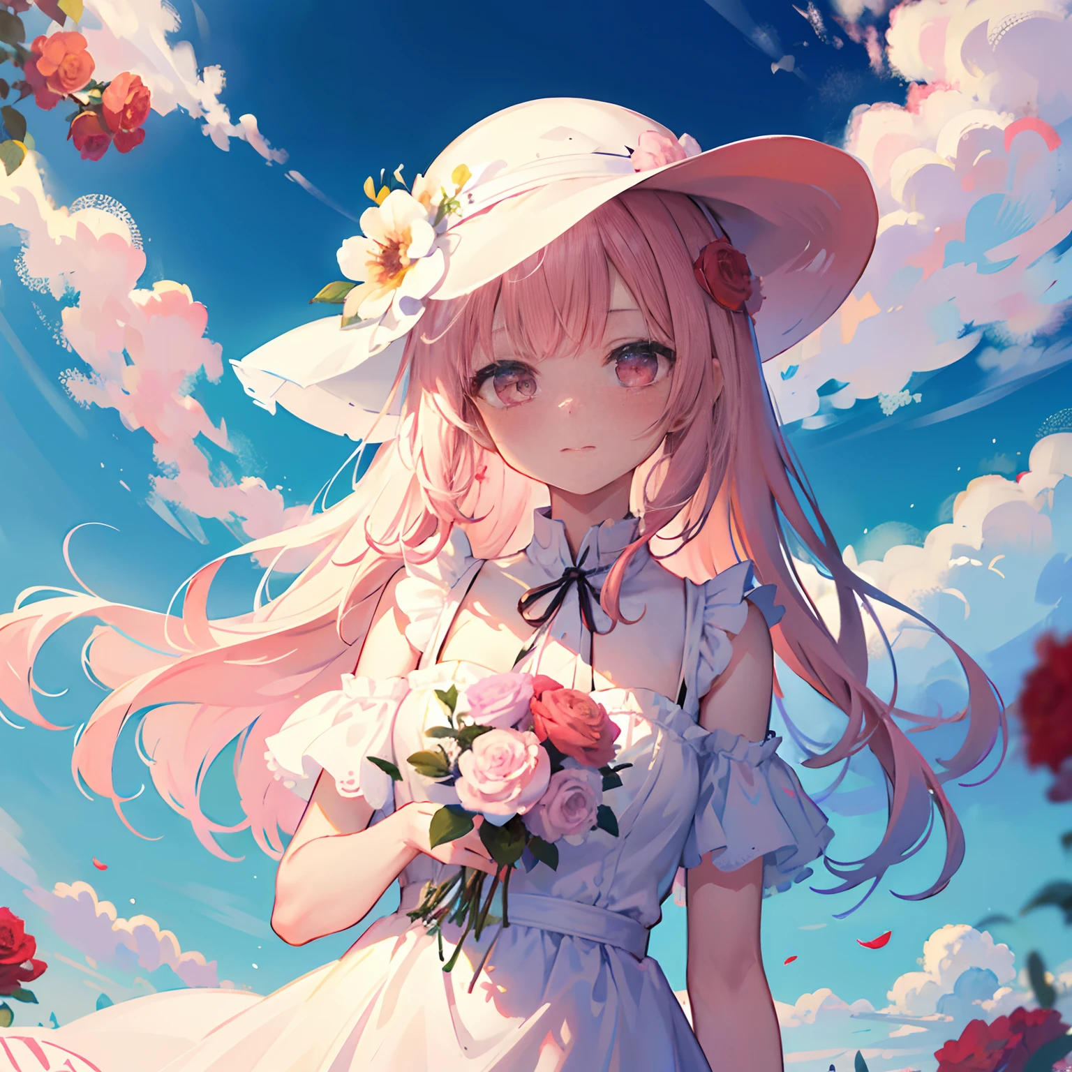 ((masterpiece, best quality)), 1girl, flower, solo, dress, holding, sky, cloud, hat, outdoors, bangs, bouquet, rose, expressionless, blush, pink hair, flower field, red flower, pink eyes, white dress, looking at viewer, midium hair, holding flower, small breasts, red rose, holding bouquet, sun hat, white headwear, depth of field