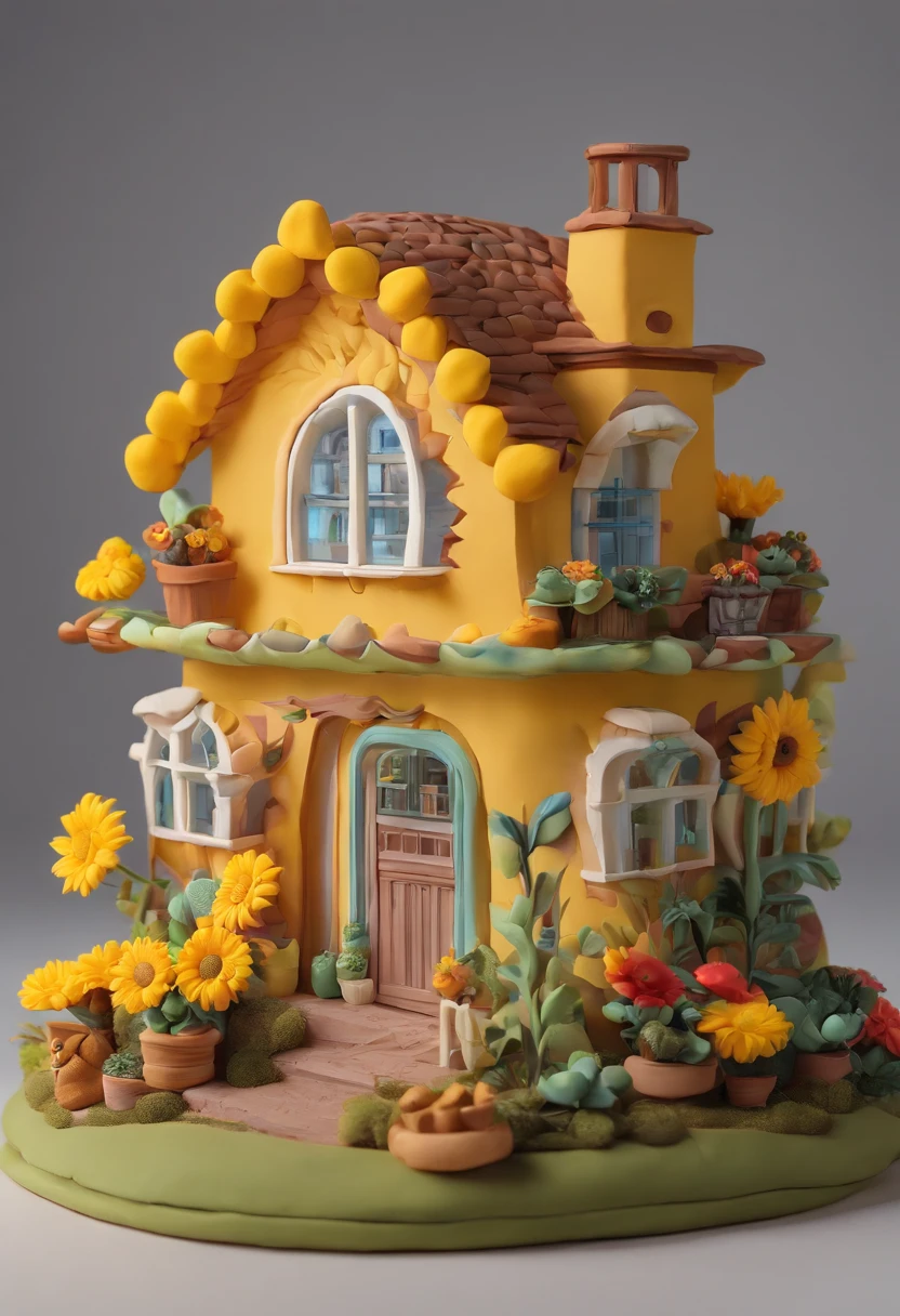 a sunflower house gloria studio, the garden is full of sunflowers, clay material, cartoonish design style, pop mart, soft lighting, smooth lines, tilt-shift lenses, detailed science fiction illustrations, hyper-realistic details, warm color