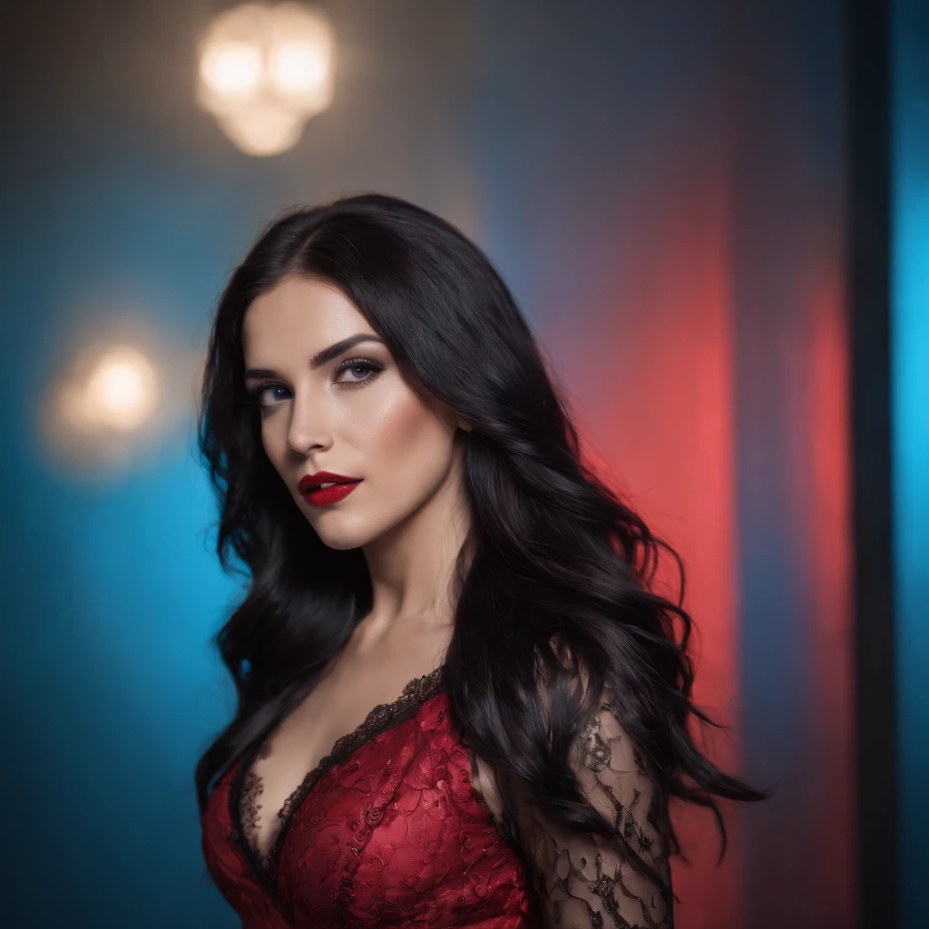 back of a beautiful woman with long black hair in a fashion photoshoot photographed from a low camera angle wearing a dress made from black feathers and lace, facing opposite side, dramatic portrait, dangerous, red traced neon background with blue laser light rays, high contrast and dynamic pose, movement, wet, energy, dramatic lighting, colorized, intense and vibrant colors of electrified neon red, blue —ar 9:16 —chaos 12 —s 1000 —v 5 —ar 9:16 —q 5