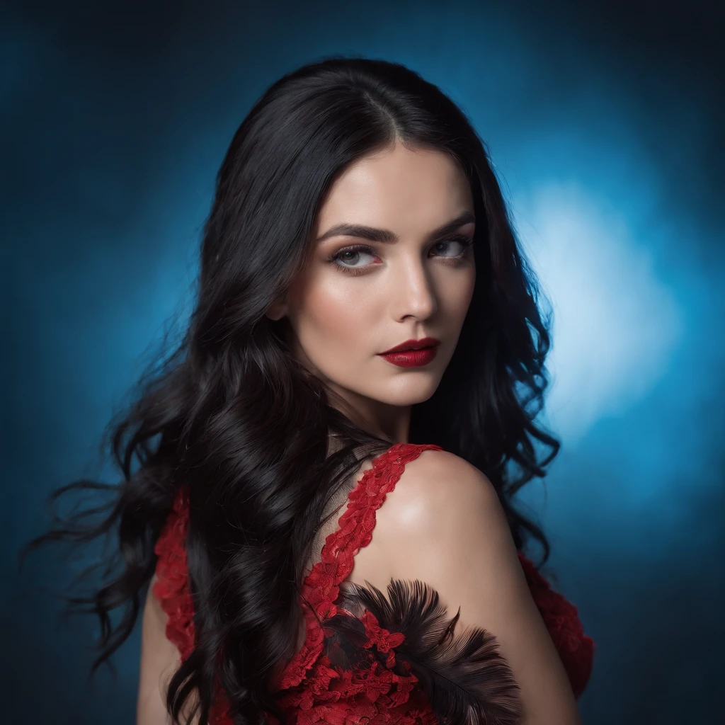back of a beautiful woman with long black hair in a fashion photoshoot photographed from a low camera angle wearing a dress made from black feathers and lace, facing opposite side, dramatic portrait, dangerous, red traced neon background with blue laser light rays, high contrast and dynamic pose, movement, wet, energy, dramatic lighting, colorized, intense and vibrant colors of electrified neon red, blue —ar 9:16 —chaos 12 —s 1000 —v 5 —ar 9:16 —q 5