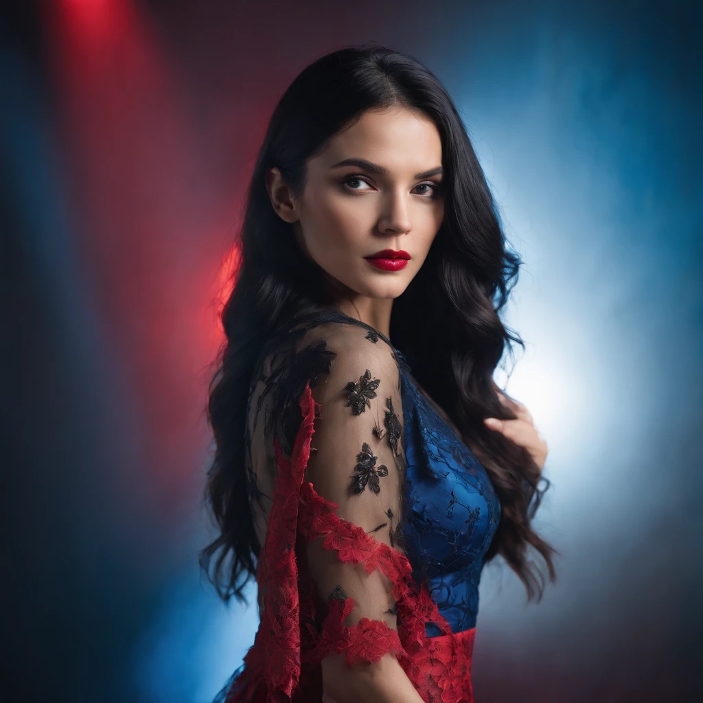 back of a beautiful woman with long black hair in a fashion photoshoot photographed from a low camera angle wearing a dress made from black feathers and lace, facing opposite side, dramatic portrait, dangerous, red traced neon background with blue laser light rays, high contrast and dynamic pose, movement, wet, energy, dramatic lighting, colorized, intense and vibrant colors of electrified neon red, blue —ar 9:16 —chaos 12 —s 1000 —v 5 —ar 9:16 —q 5