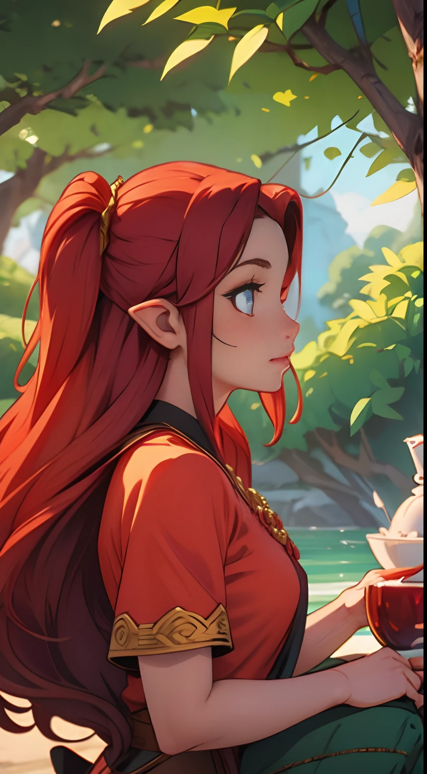 Tiefling pele vermelha cabelo longo oriental RPG