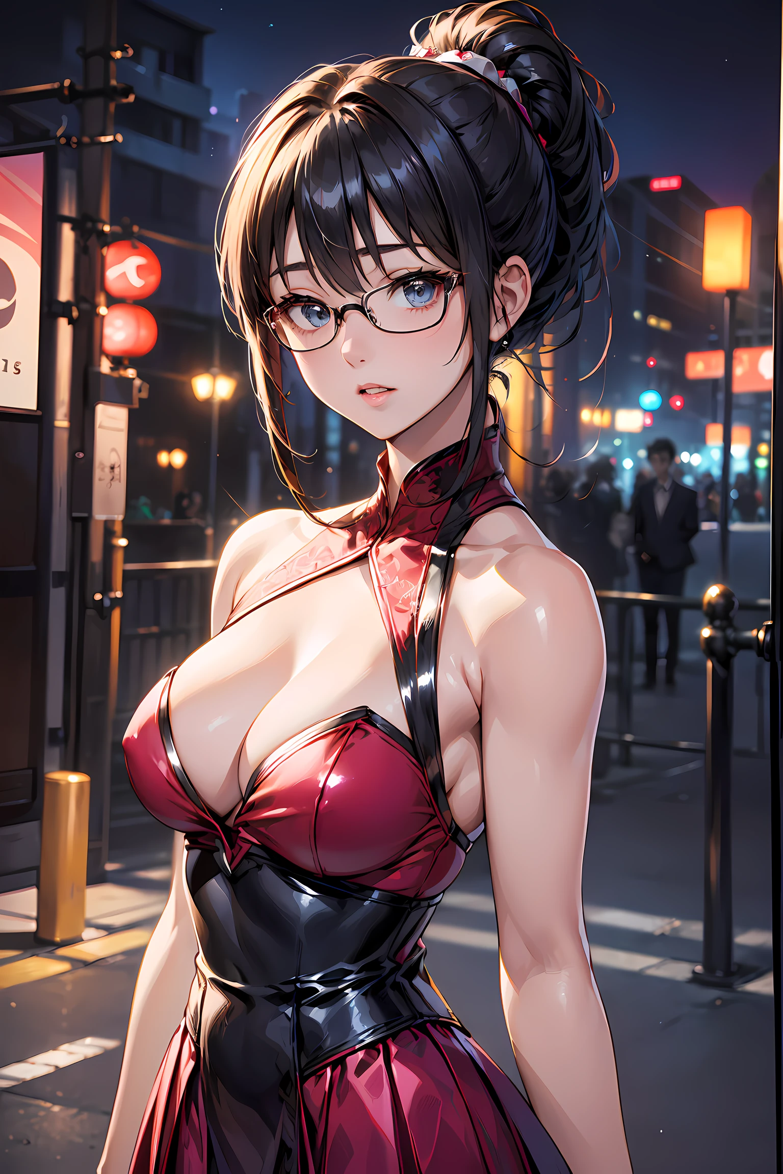 (1glasses girl:1.3, solo), (Audrey Hepburn:1.3), (a extremely pretty and beautiful Japanese woman), (sexy girl), (professional attire:1.3), (22 years old: 1.1), (walking on red carpet:1.3), (attractive random posing:1.3), (in the night royal party:1.3), (looking straight at you:1.3), (starring at you:1.3), (front view:1.3), break, (ponytail:1.3), (shiny-black thin hair:1.2), bangs, dark brown eyes, beautiful eyes, princess eyes, (big eyes:1.3), bangs, wearing a glasses:1.3, Hair between eyes, short hair:1.3, (slender:1.1), (small-medium-breasts:0.95), (thin waist: 1.15), (detailed beautiful girl: 1.4), Parted lips, Red lips, full-make-up face, (shiny skin), ((Perfect Female Body)), (upper body image:1.3), Perfect Anatomy, Perfect Proportions, (most beautiful Korean actress face:1.3, extremely cute and beautiful Japanese actress face:1.3), BREAK, (View viewer, wearing a embroidery frills sexy queen uniform, (insanely detailed elegant outfit:1.3), (gorgeous halter-neck queen dress:1.3), (tafta queen dress:1.3), (shiny-pink dress:1.3), (high-waist-frill-skirt:1.3), detailed clothes, BREAK, (detailed royal night party background:1.2), (dark background), (Studio soft lighting: 1.3), (fake lights: 1.3), (backlight: 1.3), BREAK, (Realistic, Photorealistic: 1.37), (Masterpiece, Best Quality: 1.2), (Ultra High Resolution: 1.2), (RAW Photo: 1.2), (Sharp Focus: 1.3), (Face Focus: 1.2), (Ultra Detailed CG Unified 8k Wallpaper: 1.2), (Beautiful Skin: 1.2), (pale Skin: 1.3), (Hyper Sharp Focus: 1.5), (Ultra Sharp Focus: 1.5), (Beautiful pretty face: 1.3), (super detailed background, detail background: 1.3), Ultra Realistic Photo, Hyper Sharp Image, Hyper Detail Image,