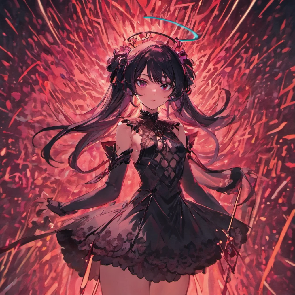 back of a beautiful woman with long black hair in a fashion photoshoot photographed from a low camera angle wearing a dress made from black feathers and lace, facing opposite side, dramatic portrait, dangerous, red traced neon background with blue laser light rays, high contrast and dynamic pose, movement, wet, energy, dramatic lighting, colorized, intense and vibrant colors of electrified neon red, blue —ar 9:16 —chaos 12 —s 1000 —v 5 —ar 9:16 —q 5