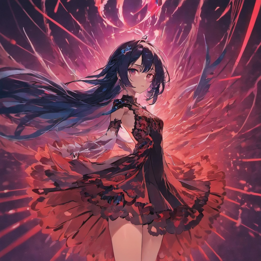 back of a beautiful woman with long black hair in a fashion photoshoot photographed from a low camera angle wearing a dress made from black feathers and lace, facing opposite side, dramatic portrait, dangerous, red traced neon background with blue laser light rays, high contrast and dynamic pose, movement, wet, energy, dramatic lighting, colorized, intense and vibrant colors of electrified neon red, blue —ar 9:16 —chaos 12 —s 1000 —v 5 —ar 9:16 —q 5