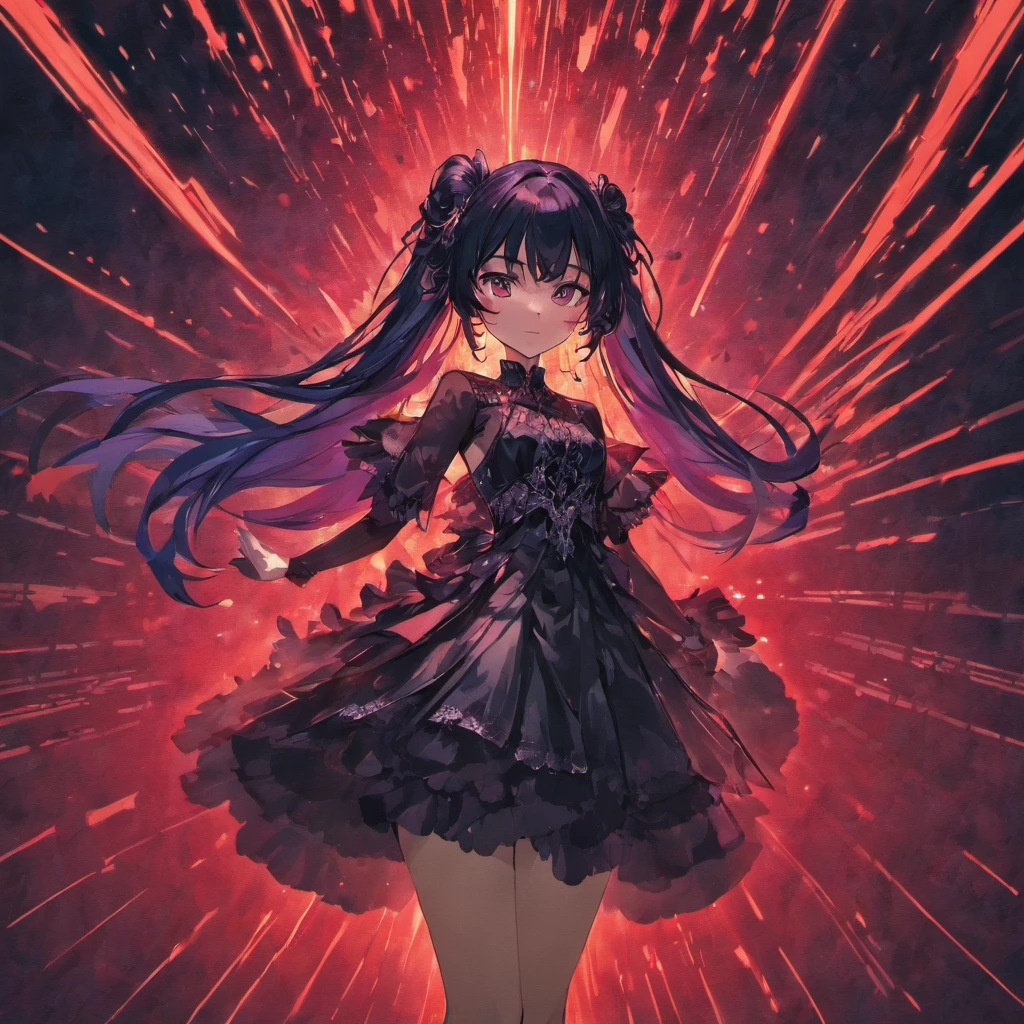 back of a beautiful woman with long black hair in a fashion photoshoot photographed from a low camera angle wearing a dress made from black feathers and lace, facing opposite side, dramatic portrait, dangerous, red traced neon background with blue laser light rays, high contrast and dynamic pose, movement, wet, energy, dramatic lighting, colorized, intense and vibrant colors of electrified neon red, blue —ar 9:16 —chaos 12 —s 1000 —v 5 —ar 9:16 —q 5