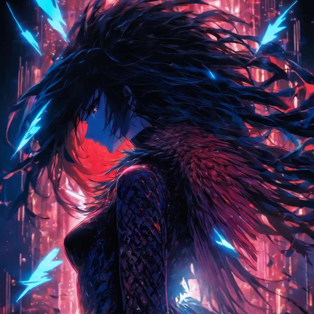 back of a beautiful woman with long black hair in a fashion photoshoot photographed from a low camera angle wearing a dress made from black feathers and lace, facing opposite side, dramatic portrait, dangerous, red traced neon background with blue laser light rays, high contrast and dynamic pose, movement, wet, energy, dramatic lighting, colorized, intense and vibrant colors of electrified neon red, blue —ar 9:16 —chaos 12 —s 1000 —v 5 —ar 9:16 —q 5