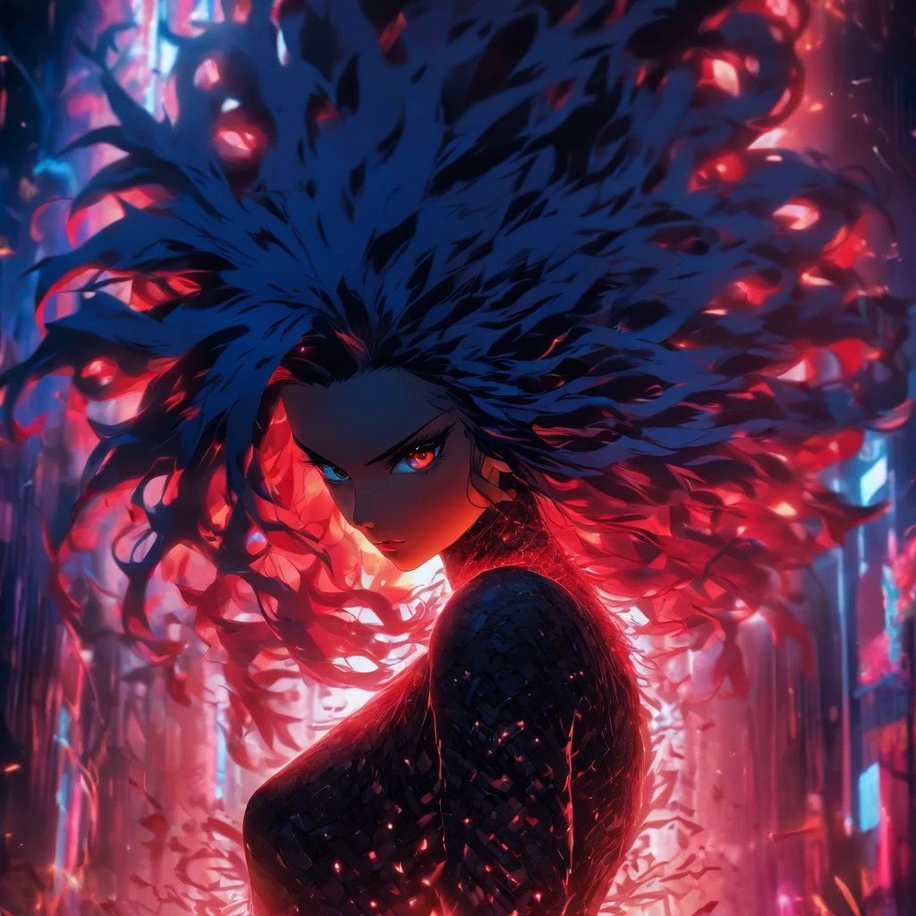 back of a beautiful woman with long black hair in a fashion photoshoot photographed from a low camera angle wearing a dress made from black feathers and lace, facing opposite side, dramatic portrait, dangerous, red traced neon background with blue laser light rays, high contrast and dynamic pose, movement, wet, energy, dramatic lighting, colorized, intense and vibrant colors of electrified neon red, blue —ar 9:16 —chaos 12 —s 1000 —v 5 —ar 9:16 —q 5