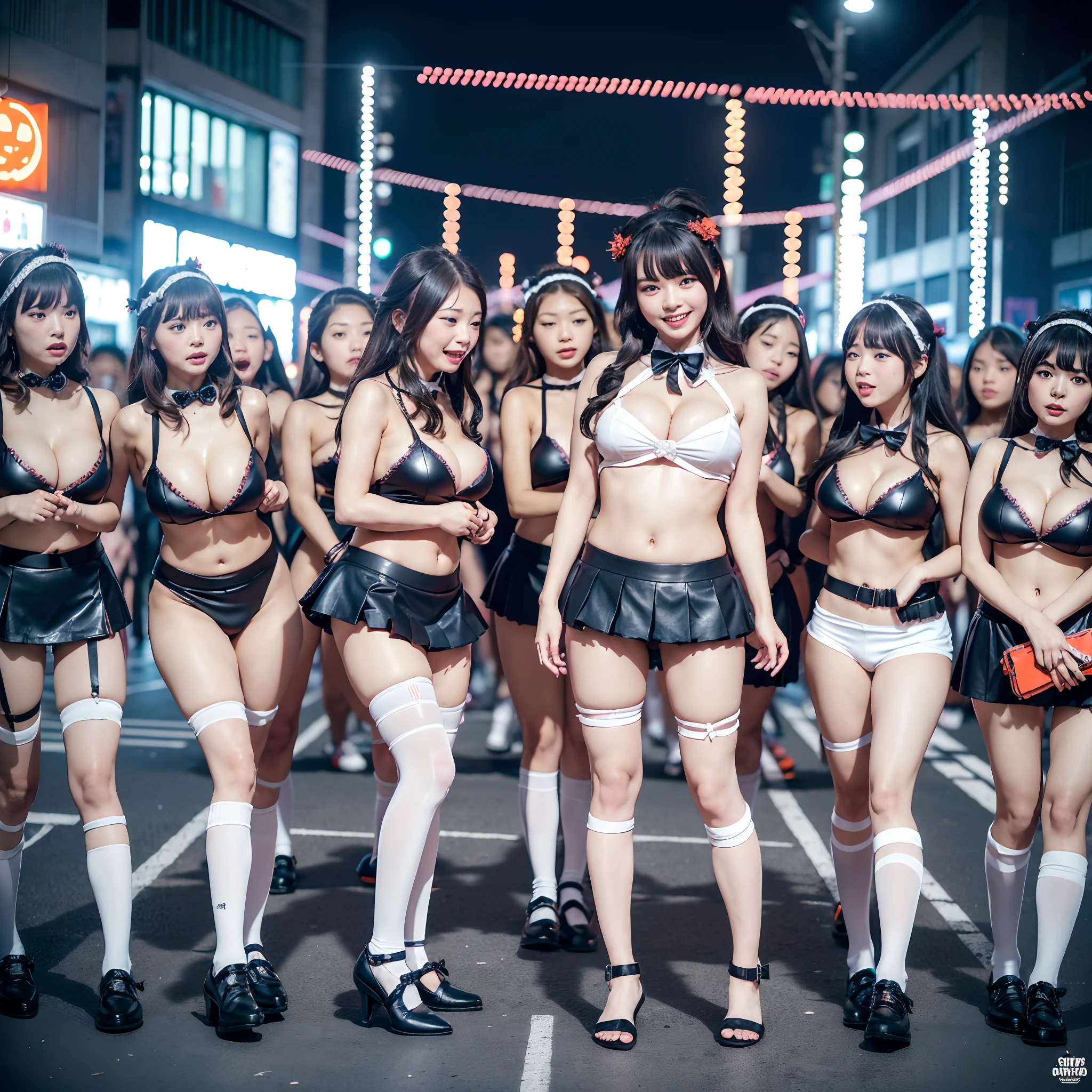 (((SFW, 11 Tiny Girls in a row:1.2, Shibuya Hachiko-mae scramble crossing on Halloween:1.2))), (masterpiece:1.2, best quality, photorealistic:1.37), {(Standing Full Body:1.2)|(from below:1.2)}, short silver hair, {School Uniform|naked bandage|tutu}, (Detailed KAWAII face, Detailed Oily Porcelain skin), {Bustling street|(Passerby girls)| halloween| neon}, {(Childish:1.2|Gigantic Cleavage:1.37|Underboob:1.2)}, {flower wreath|Red leather high collar}, {Floating hair|Strong wind|Ass focus},{:p|:d|laugh|sparkle|joyful|delighted},