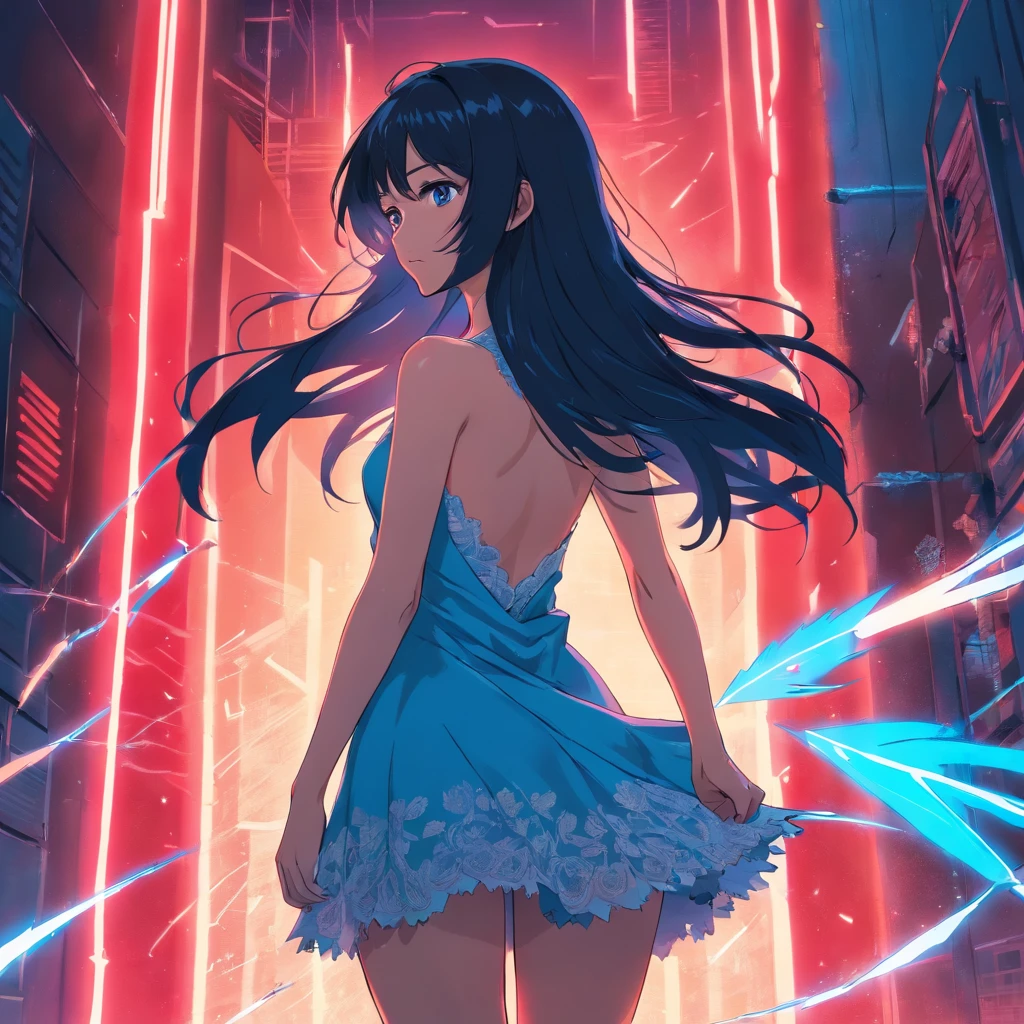 back of a beautiful woman with long black hair in a fashion photoshoot photographed from a low camera angle wearing a dress made from black feathers and lace, facing opposite side, dramatic portrait, dangerous, red traced neon background with blue laser light rays, high contrast and dynamic pose, movement, wet, energy, dramatic lighting, colorized, intense and vibrant colors of electrified neon red, blue —ar 9:16 —chaos 12 —s 1000 —v 5 —ar 9:16 —q 5
