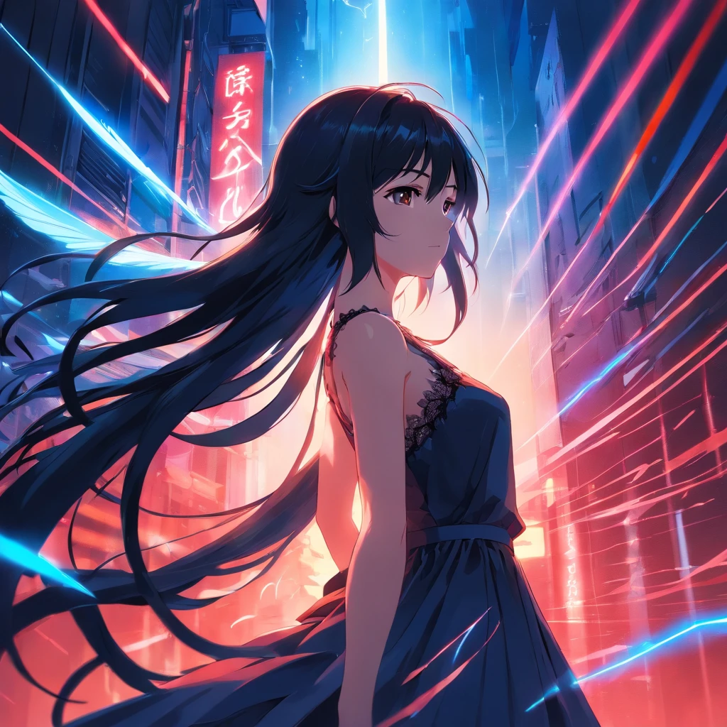 back of a beautiful woman with long black hair in a fashion photoshoot photographed from a low camera angle wearing a dress made from black feathers and lace, facing opposite side, dramatic portrait, dangerous, red traced neon background with blue laser light rays, high contrast and dynamic pose, movement, wet, energy, dramatic lighting, colorized, intense and vibrant colors of electrified neon red, blue —ar 9:16 —chaos 12 —s 1000 —v 5 —ar 9:16 —q 5