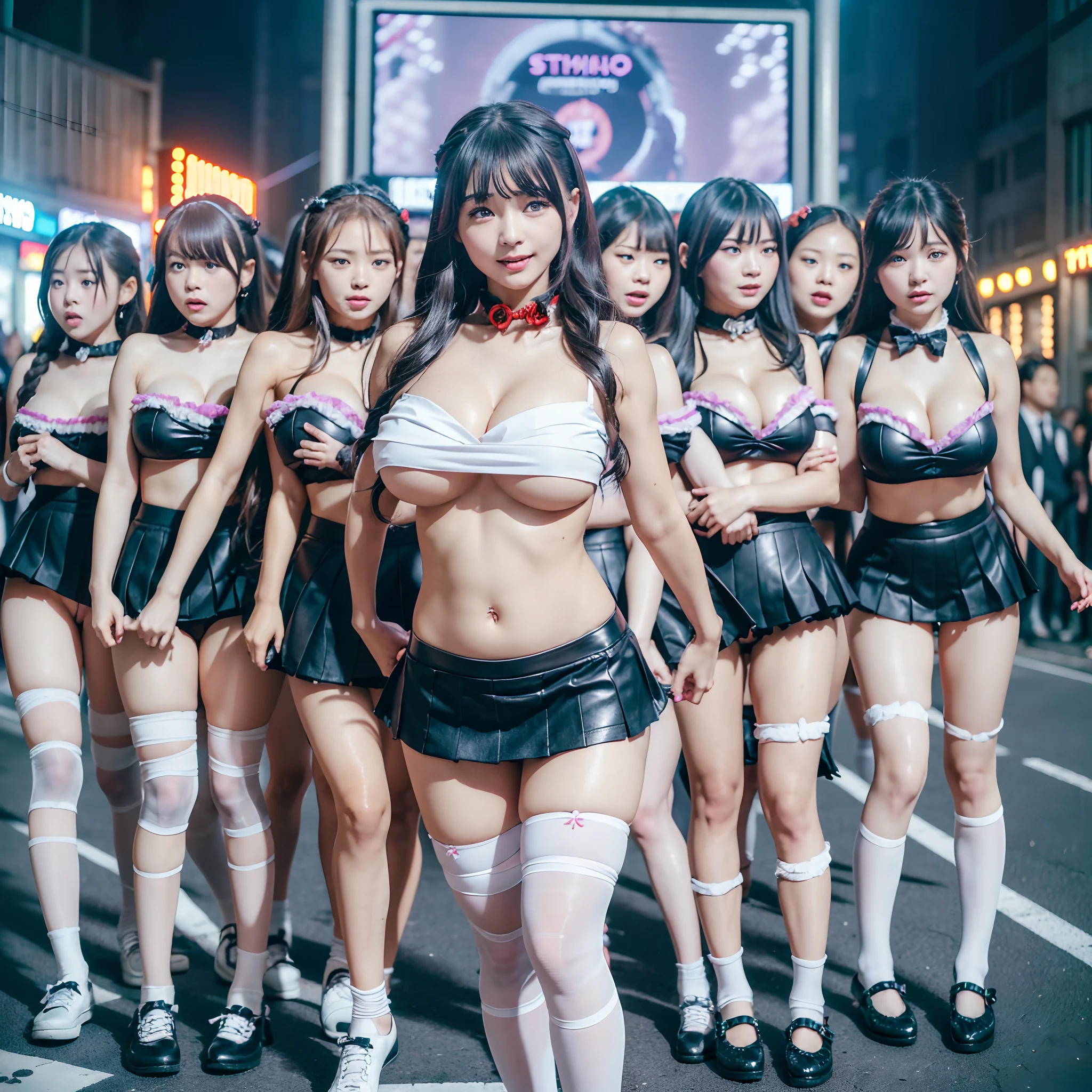 (((SFW, 11 Tiny Girls in a row:1.2, Shibuya Hachiko-mae scramble crossing on Halloween:1.2))), (masterpiece:1.2, best quality, photorealistic:1.37), {(Standing Full Body:1.2)|(from below:1.2)}, short silver hair, {School Uniform|naked bandage|tutu}, (Detailed KAWAII face, Detailed Oily Porcelain skin), {Bustling street|(Passerby schoolgirls)| halloween| neon}, {(Childish:1.2|Gigantic Cleavage:1.37|Underboob:1.2)}, {flower wreath|Red leather high collar}, {Floating hair|Strong wind|Ass focus},{:p|:d|laugh|sparkle|joyful|delighted},