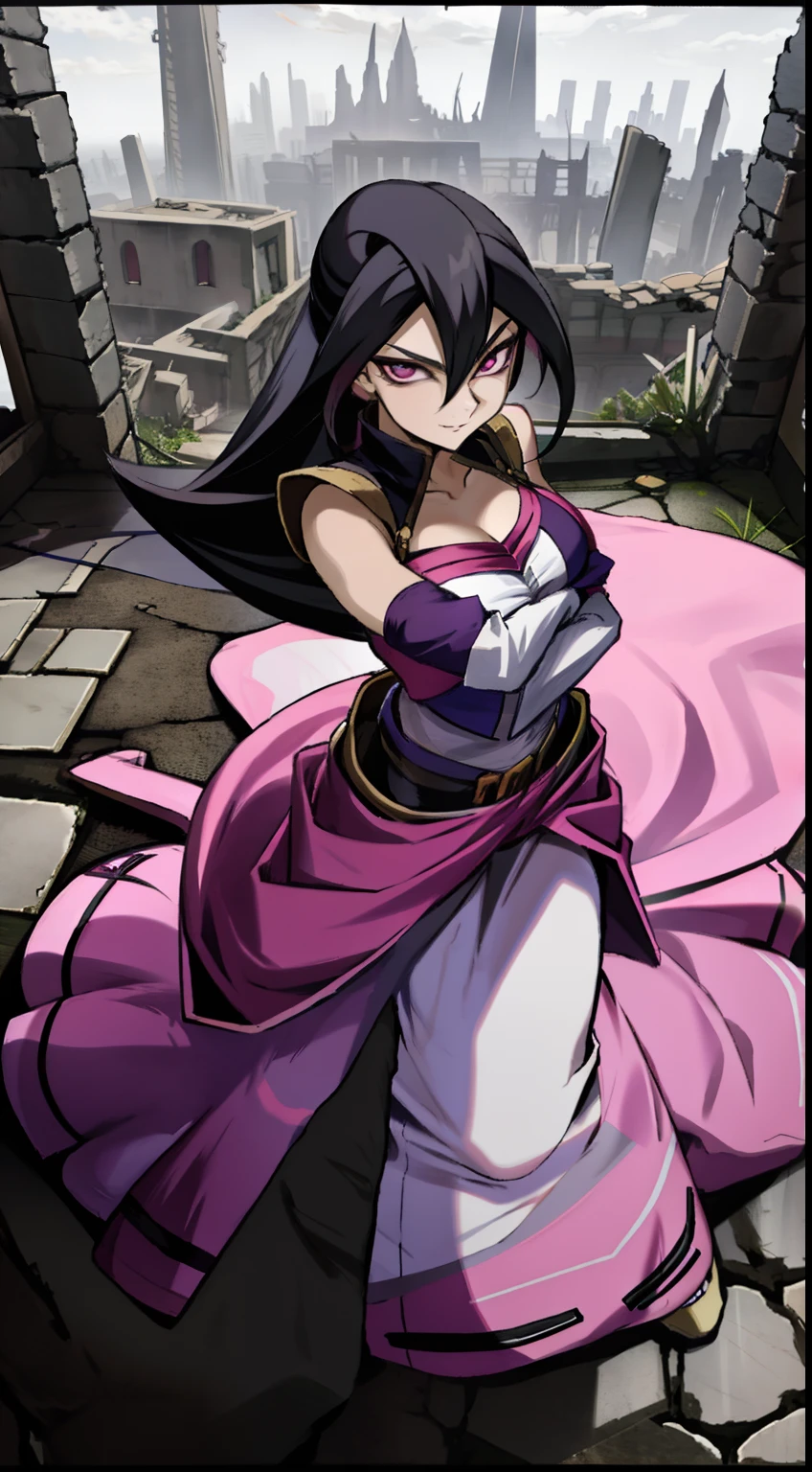 masterpiece, best quality,Gloria Tyler, black hair, pink eyes, smirk, long hair, large breasts, (clothes, clothing :1.4 ) ,  holding card, posing, 

bare arms,  (ruins),((( pov ))), looking at viewer, ( on floor ), sfw