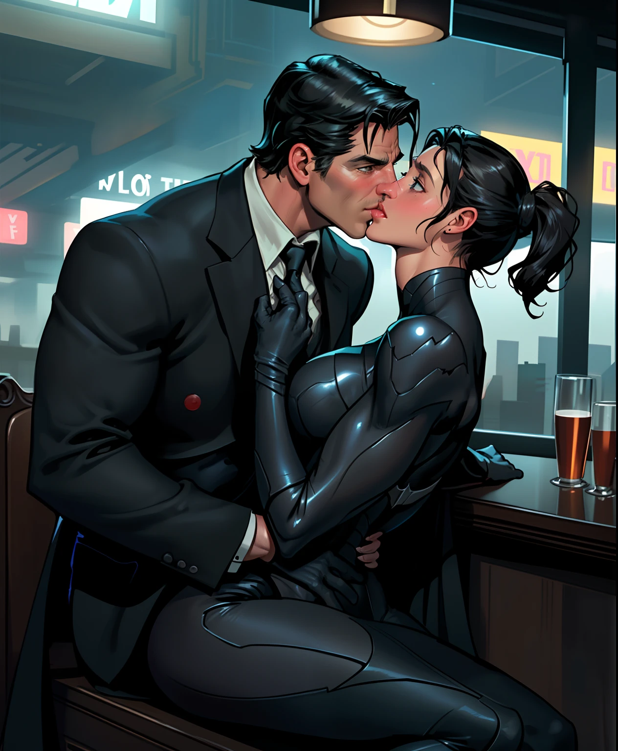 Bruce Wayne kisses a beautiful woman sitting on a booth, romantically kissing. Both spouses touch the male with the female's buttocks