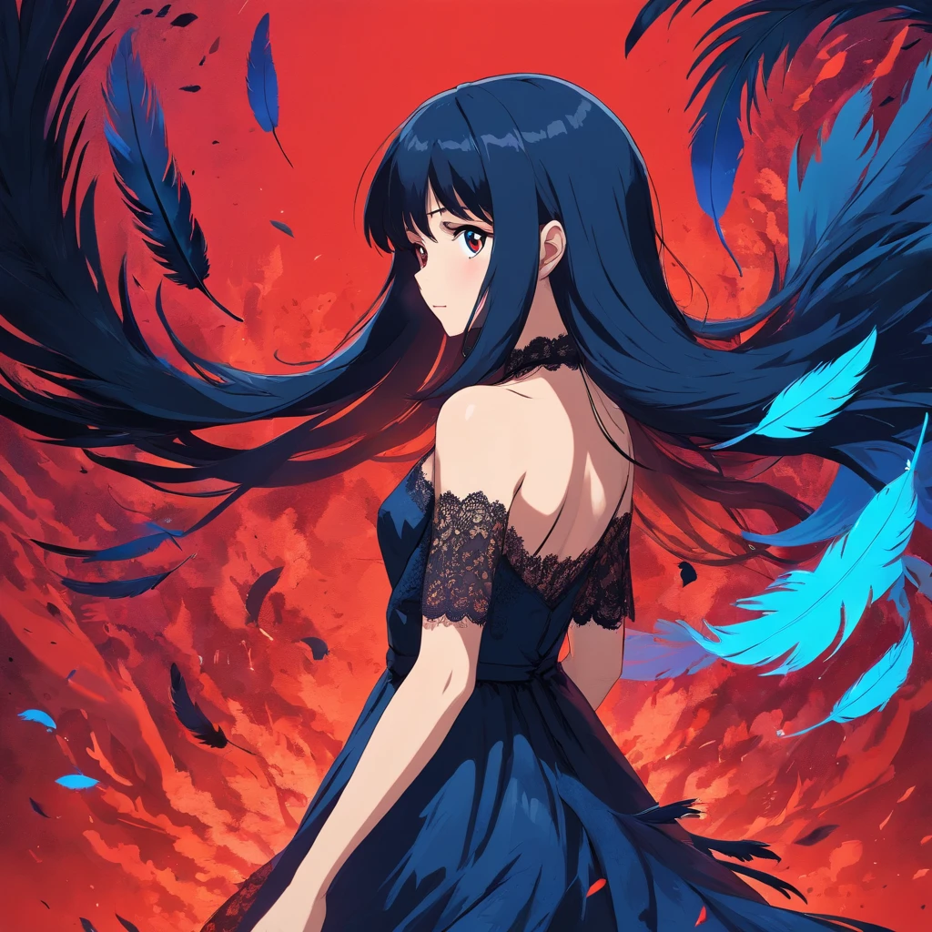 back of a beautiful woman with long black hair in a fashion photoshoot photographed from a low camera angle wearing a dress made from black feathers and lace, facing opposite side, dramatic portrait, dangerous, red traced neon background with blue laser light rays, high contrast and dynamic pose, movement, wet, energy, dramatic lighting, colorized, intense and vibrant colors of electrified neon red, blue —ar 9:16 —chaos 12 —s 1000 —v 5 —ar 9:16 —q 5