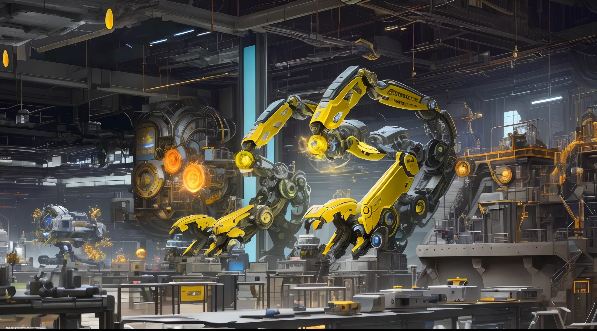 There are three robotic arms on the scientific mechanical workbench (background is or spark flying mechanical technology factory 1.5) (spark 1.8) masterpiece: 1.3) (futuristic technology 1.5) (science fiction 1.3) with unparalleled masterpiece, surreal 8K, perfect artwork, super detail, best quality, masterpiece 4K wallpaper aesthetics, masterpiece, award-winning artwork, official art