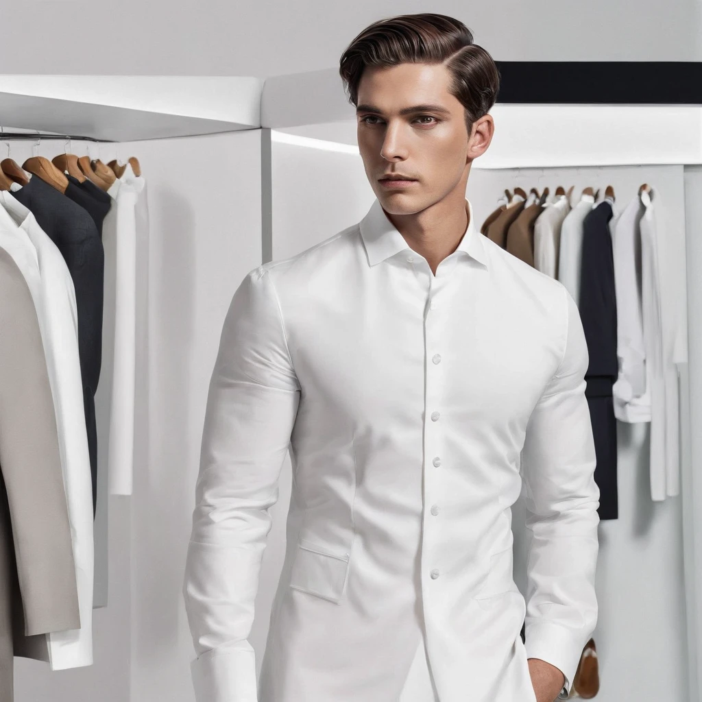 A Photograph capturing a surrealist vision: a man, amidst a swirling color palette, poses outside a tailor shop, his pristine white dress shirt melding with the dreamlike surroundings. --ar 16:9