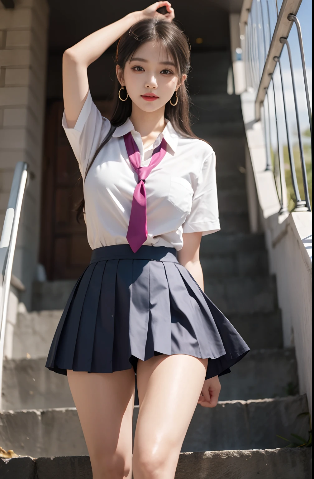 ((from below:1.4)),((High definition)),((high resolution)),((High definition)),((detailed)),((8K)),((Perfect Face)),((Perfect body)),((Realistic)),((Real)),((Realistic)),((beautiful girl)),((school uniform)),((skirt lift yourself both hands show off panties:1.4)),(cameltoe:1.2),((big breasts:1.1)),((hairstyle that shows off the forehead))、((Embarrassed expression))、Wearing pink panties、((very short skirt))、long hair、Smile with your mouth closed、Jet black hair、Dark brown eyes、Very white skin、Double eyelids、Big Eyes、Schoolyard、blue sky、sunny、