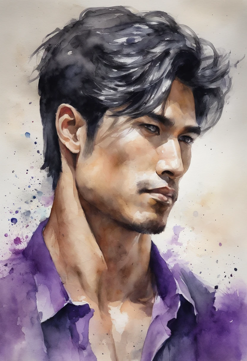 japanese male,A tall, Black hair with blonde highlights, Wearing a purple shirt, Intense muscles, Blue eyes, Neon Street