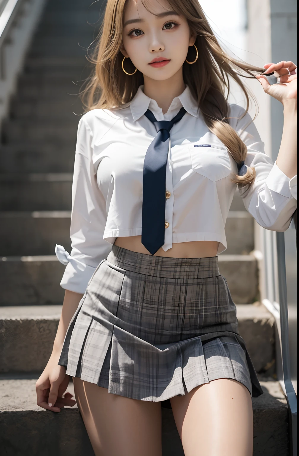 masutepiece, Best Quality, absurderes, (maturefemale), Large breasts, School uniform, Pleated skirt, White shirt, black thighhighs, Skirt lift, blush, Panties, thick thighs, Cameltoe, Cyberpunk, droid
