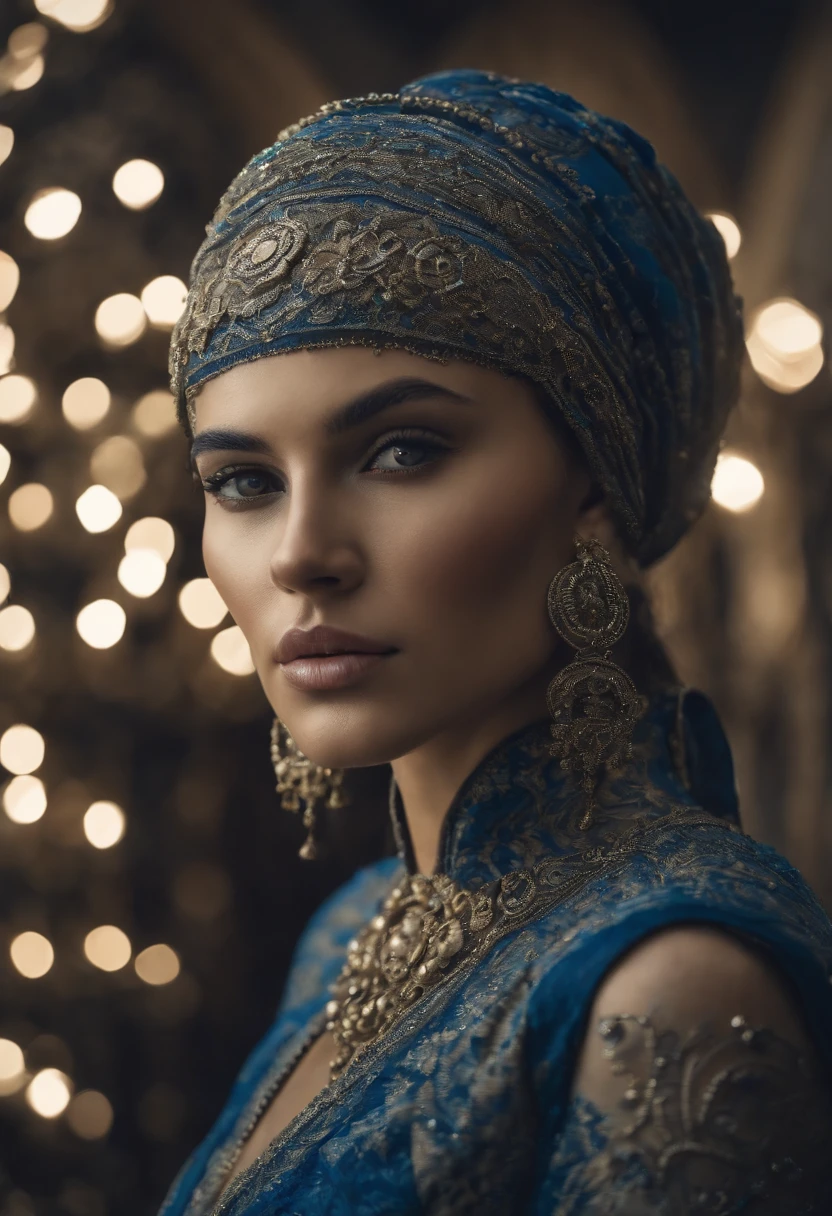 res syria woman in a swirl of patterns, in the style of cybernetic sci-fi, intricately sculpted, serene faces, futuristic victorian, exquisite realism, dark white and blue, fantasy art --ar 69:128 --s 750 --v 5.2
