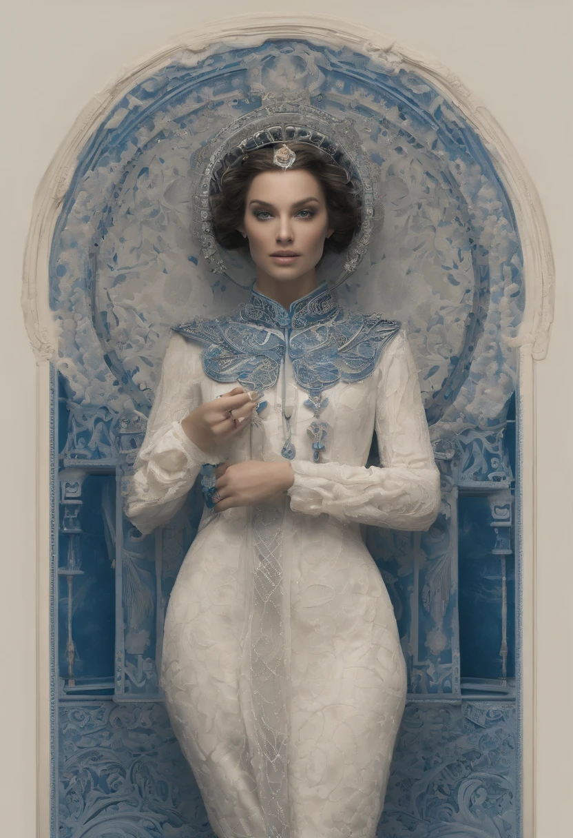 res syria woman in a swirl of patterns, in the style of cybernetic sci-fi, intricately sculpted, serene faces, futuristic victorian, exquisite realism, dark white and blue, fantasy art --ar 69:128 --s 750 --v 5.2