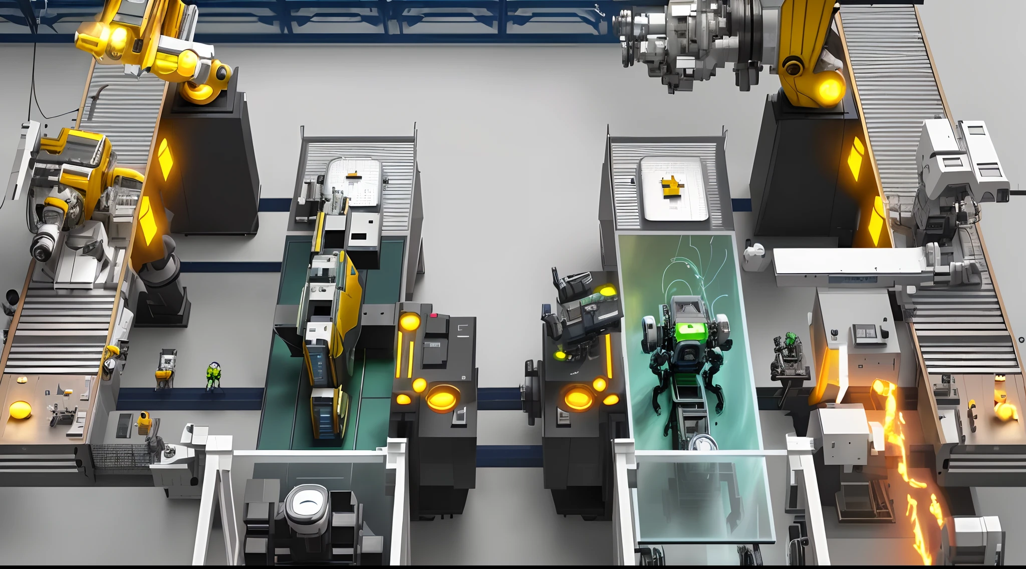 There are three robotic arms on the scientific mechanical workbench (background is or spark flying mechanical technology factory 1.5) (spark 1.8) masterpiece: 1.3) (futuristic technology 1.5) (science fiction 1.3) with unparalleled masterpiece, surreal 8K, perfect artwork, super detail, best quality, masterpiece 4K wallpaper aesthetics, masterpiece, award-winning artwork, official art