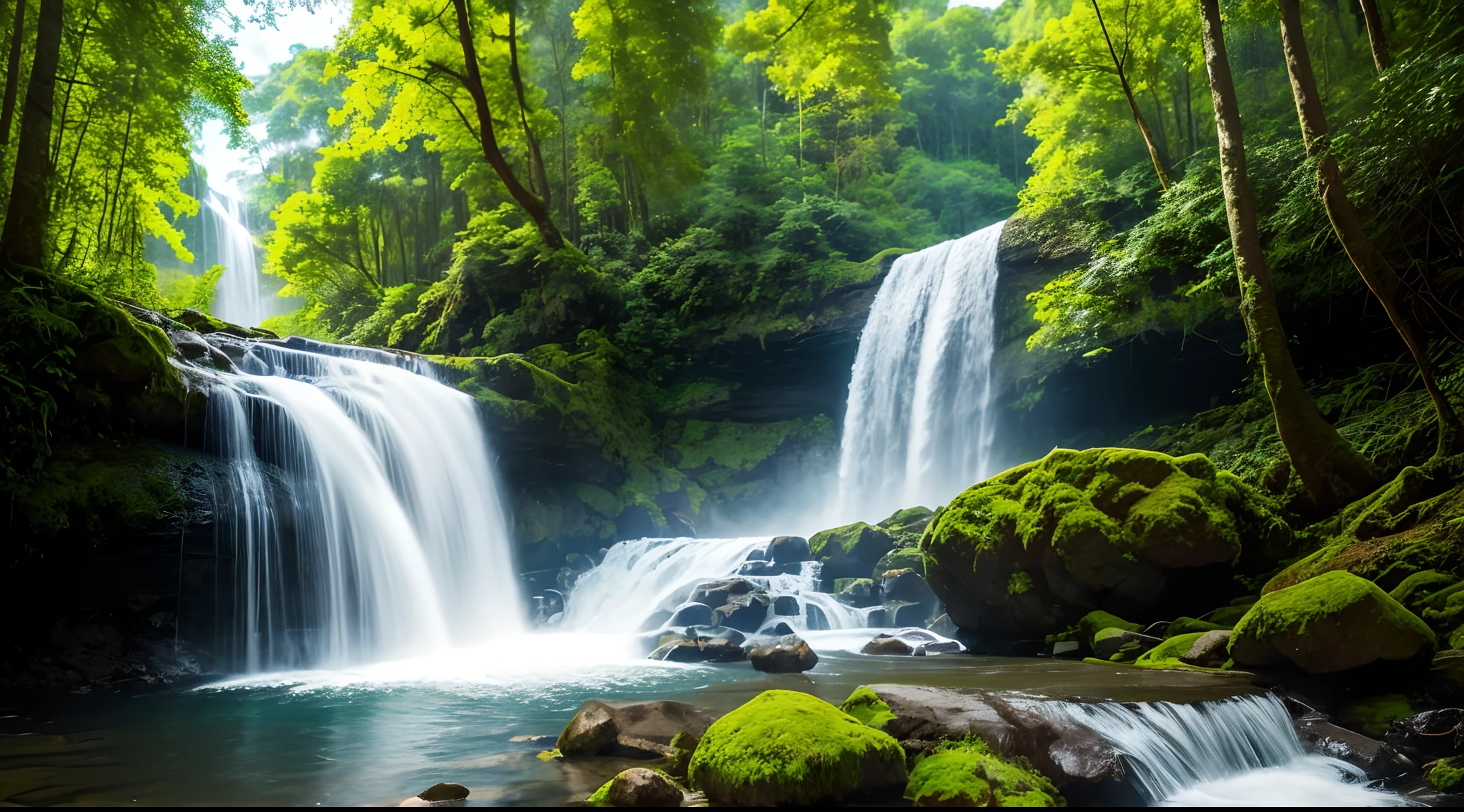 Waterfall, lots of water, real, forest, plants, beautiful cloudless sky