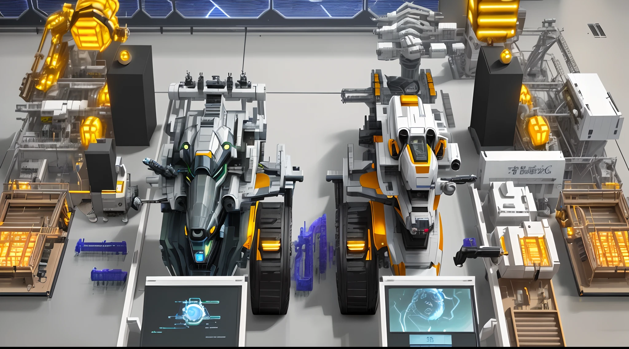 There are three robotic arms on the scientific mechanical workbench (background is or spark flying mechanical technology factory 1.5) (spark 1.8) masterpiece: 1.3) (futuristic technology 1.5) (science fiction 1.3) with unparalleled masterpiece, surreal 8K, perfect artwork, super detail, best quality, masterpiece 4K wallpaper aesthetics, masterpiece, award-winning artwork, official art