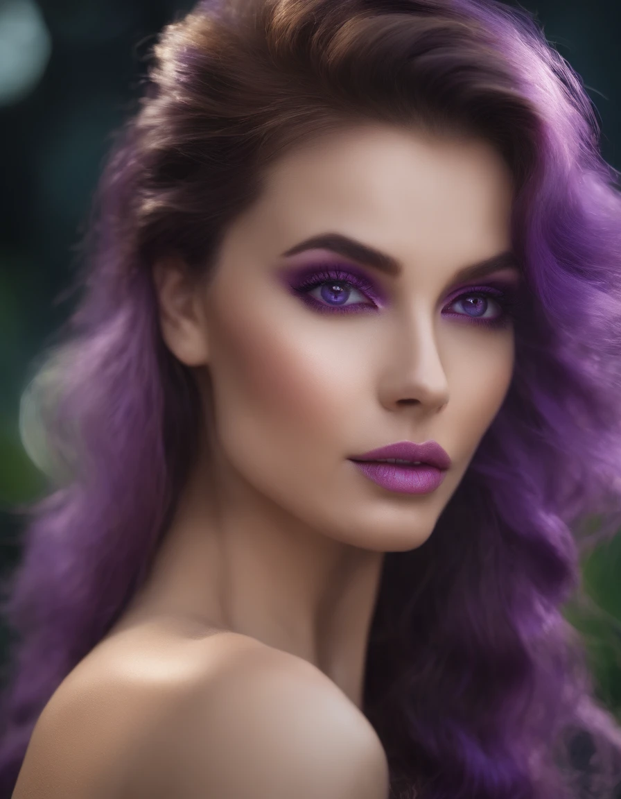 (32K) 16k, 8k, 4K, Visage super fin, petite bouche, Makeup biting lips, effeminate, cheveux violets, yeux violets, High resolution, Parfait. portrait.
