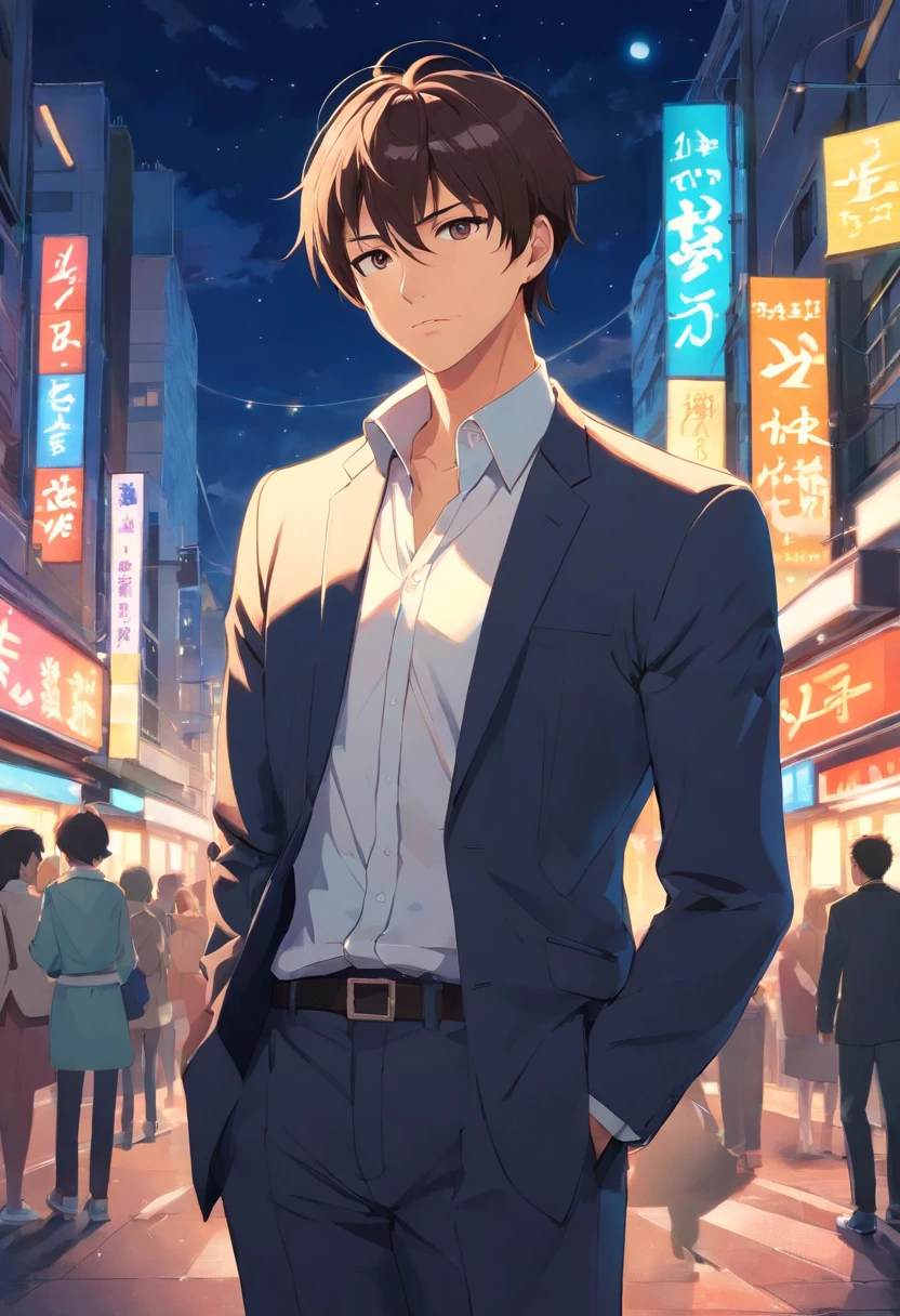 Composition of the upper body,Makoto Shinkai's painting style,japanes,35 year old dandy man,A tall man,beard, Delicate facial features like an actor,A slight smile,Black hair with blonde highlights, Wearing a white shirt and black gentlemanly jacket, Intense muscles, eyes are brown, nighttime scene