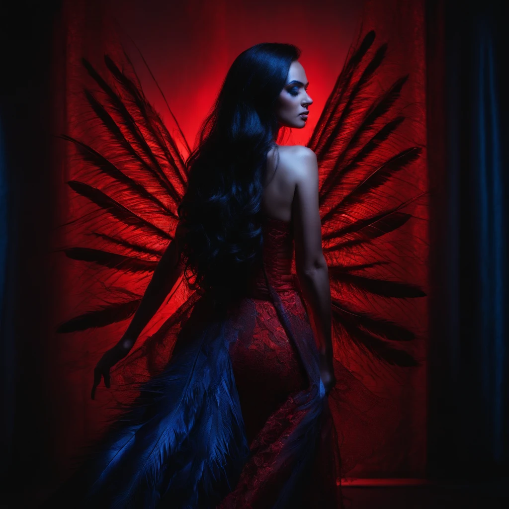 back of a beautiful woman with long black hair in a fashion photoshoot photographed from a low camera angle wearing a dress made from black feathers and lace, facing opposite side, dramatic portrait, dangerous, red traced neon background with blue laser light rays, high contrast and dynamic pose, movement, wet, energy, dramatic lighting, colorized, intense and vibrant colors of electrified neon red, blue —ar 9:16 —chaos 12 —s 1000 —v 5 —ar 9:16 —q 5