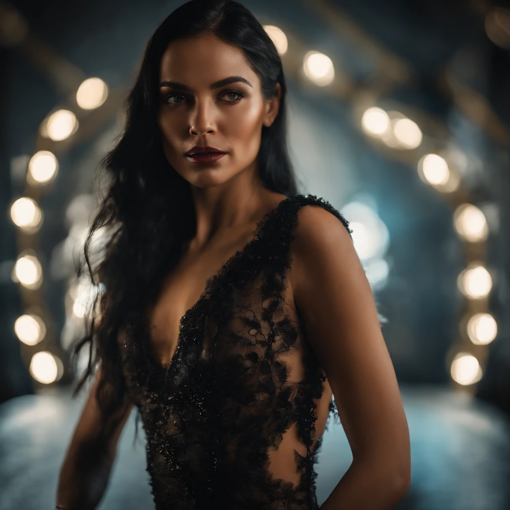 back of a beautiful woman with long black hair in a fashion photoshoot photographed from a low camera angle wearing a dress made from black feathers and lace, facing opposite side, dramatic portrait, dangerous, red traced neon background with blue laser light rays, high contrast and dynamic pose, movement, wet, energy, dramatic lighting, colorized, intense and vibrant colors of electrified neon red, blue —ar 9:16 —chaos 12 —s 1000 —v 5 —ar 9:16 —q 5