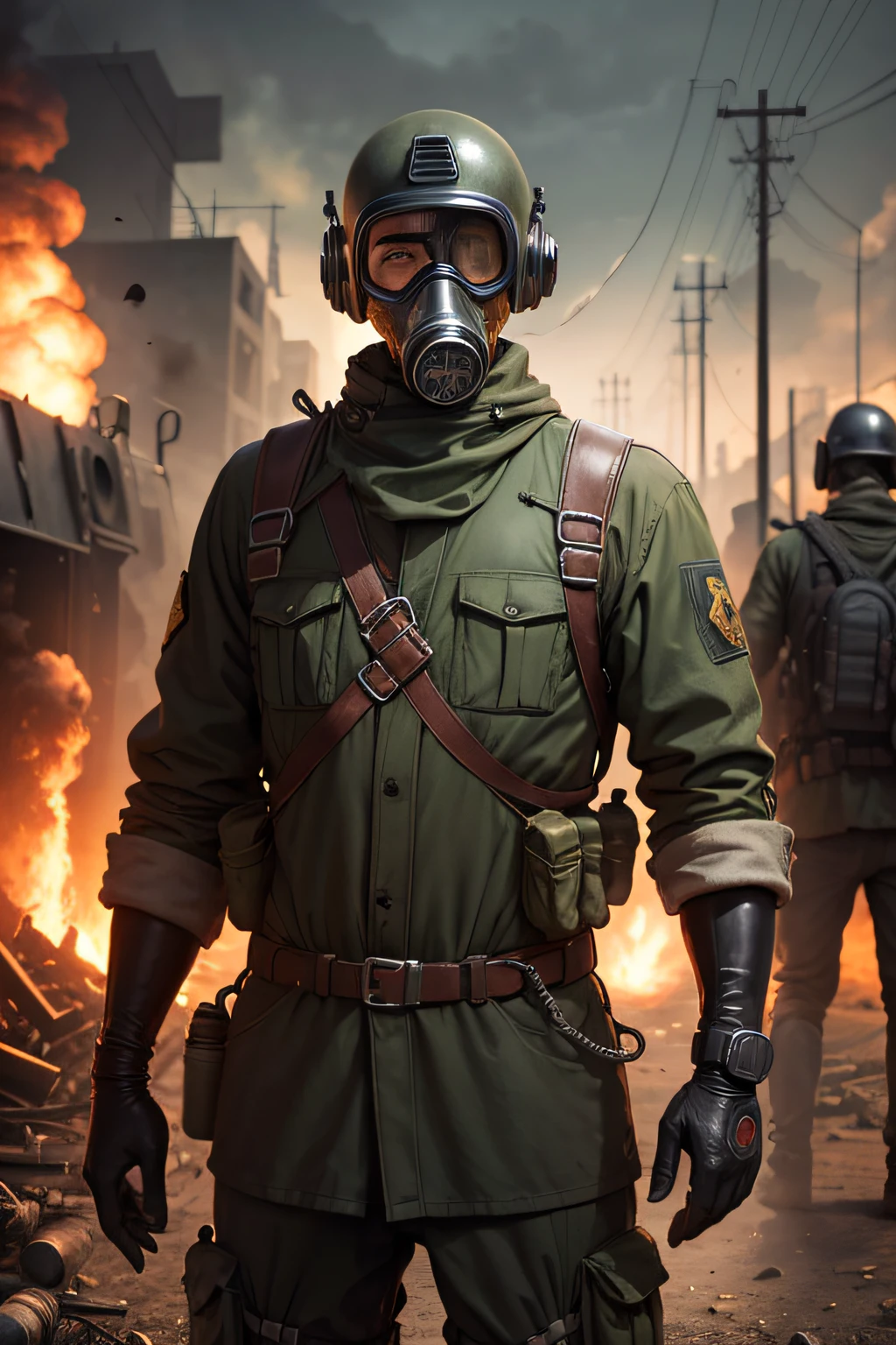 Man with gas mask, in the background an apocalyptic scenario.