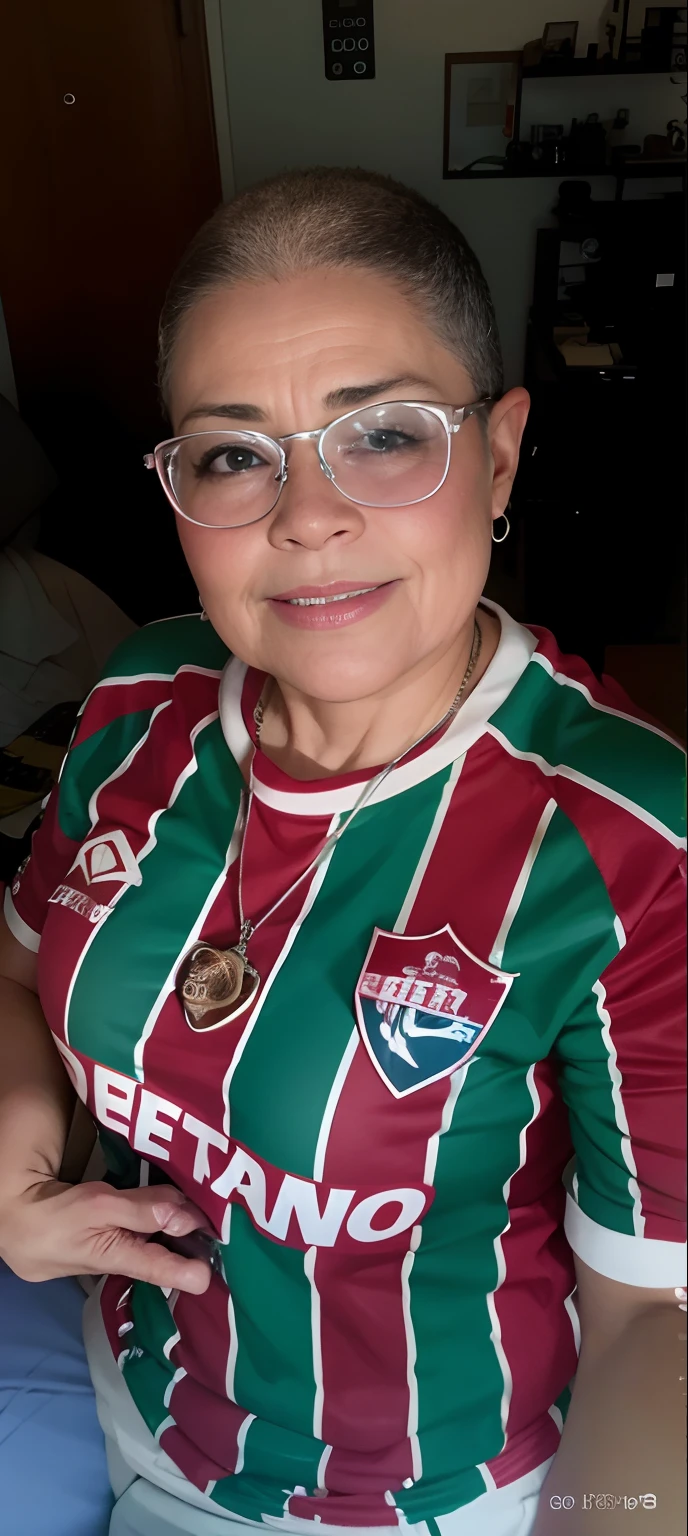 Mulher, 54 anos, pele branca, bald hair growing due to chemotherapy, wears round-rimmed transparent acrylic glasses, usa brincos de argola, piercing de argola na orelha direita, olhos puxados, fleshy lips, nariz achatado, rosto redondo e gordo, short neck, buraco no queixo, baixo, corrente de prata com pingente de prancha de surf, assistindo TV na sala, sentado na cadeira do presidente