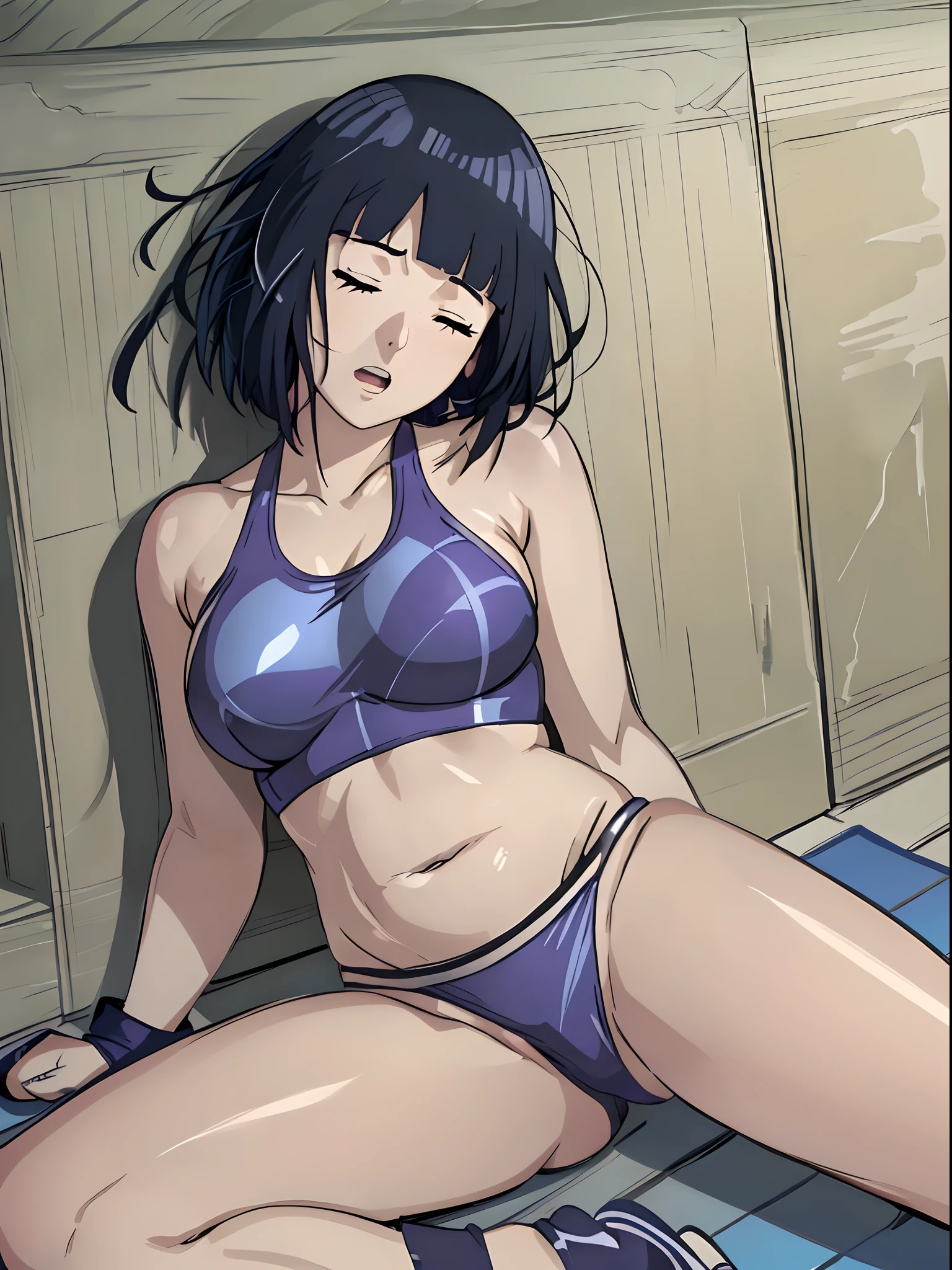 (ultra detailed body, ultra detailed face), ((solo)), anime style, hires, ((yellow ground)), (hinata\(boruto\), (female wrestler), (slender body, broad shoulders), mature woman, milf, (black bikini, ultra detailed pro wrestling gear), victorious, gorgeous, winner, (moaning , open mouth), (pale skin, shiny skin, lighting and shadow), (dark blue hair color:1.1), wavy hair, ((short hair, hime cut, floating hair), big breasts, ((leaning against ground, lying on back, sleeping on ground, out cold, unconscious, bent knee)), (long belly), (closed fists, head tilt), seductive