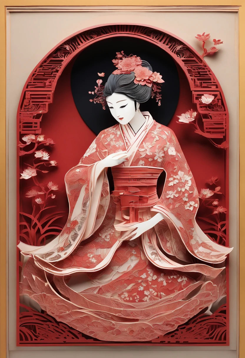masterpiece, A Chiense woman in a hanfu, beautiful render of a fairytale, in the style of paper art, painting of beautiful, beautiful as the moon, very intricate masterpiece, painted metal, beautiful intricate masterpiece, multiple layers, Mysterious, Ancient China background, red