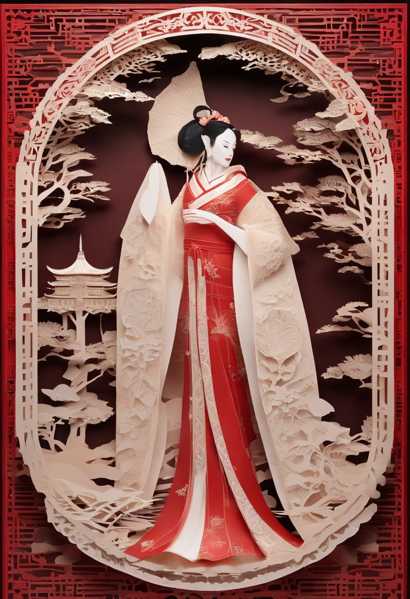 masterpiece, A Chiense woman in a hanfu, beautiful render of a fairytale, in the style of paper art, painting of beautiful, beautiful as the moon, very intricate masterpiece, painted metal, beautiful intricate masterpiece, multiple layers, Mysterious, Ancient China background, red