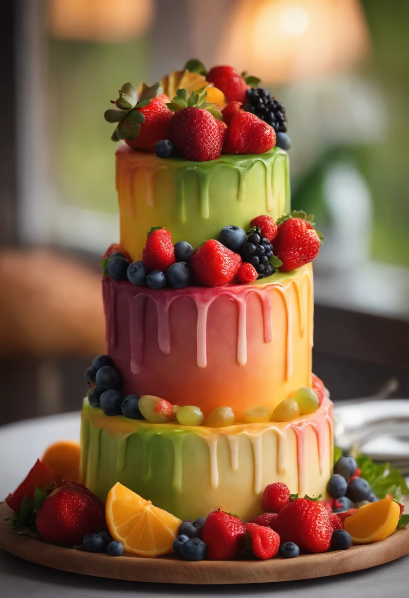 Ultra realistic birthday cake, detalhado, 4k, colorido criativo, FRUTAS SOBRE A MESA